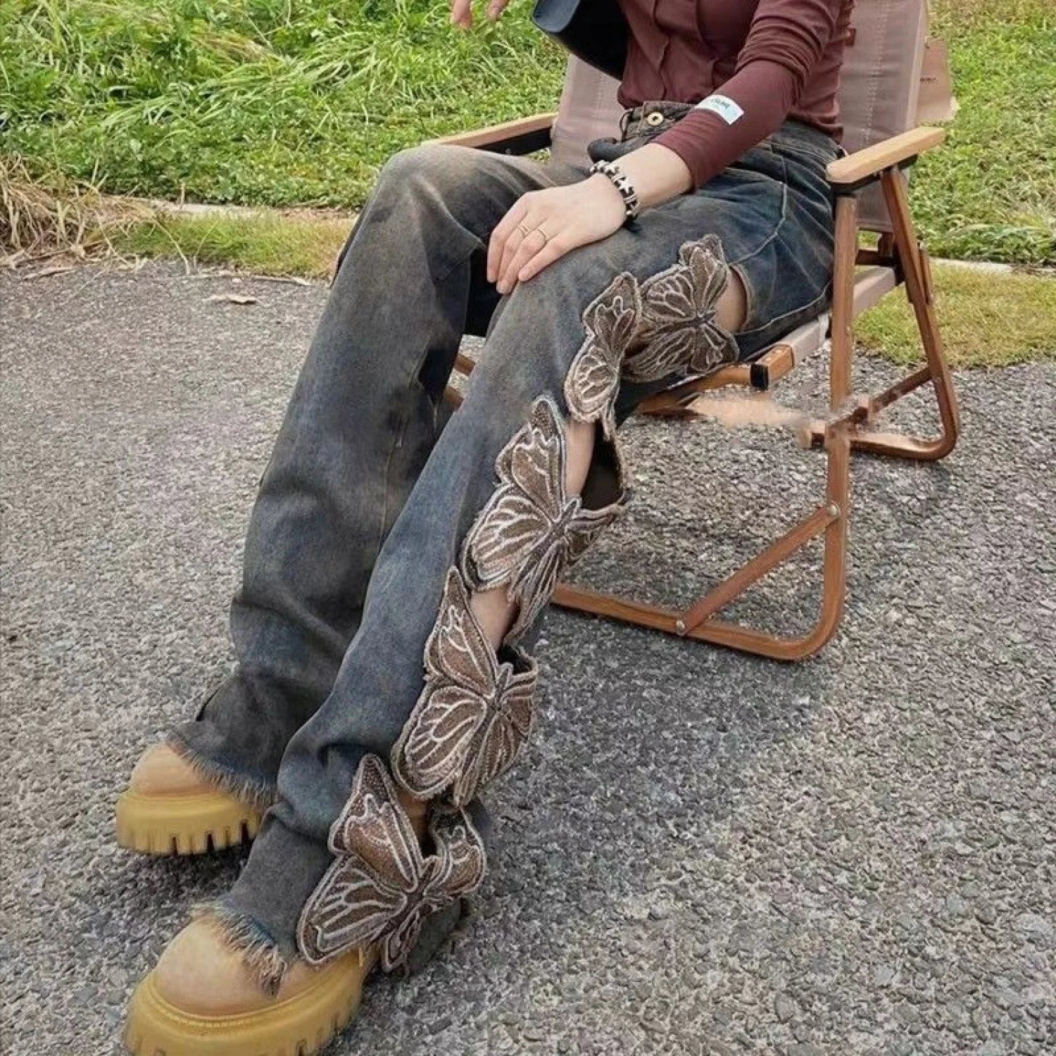 Aesthetic Side Graceful Butterflies Patchwork Jeans - Image 13