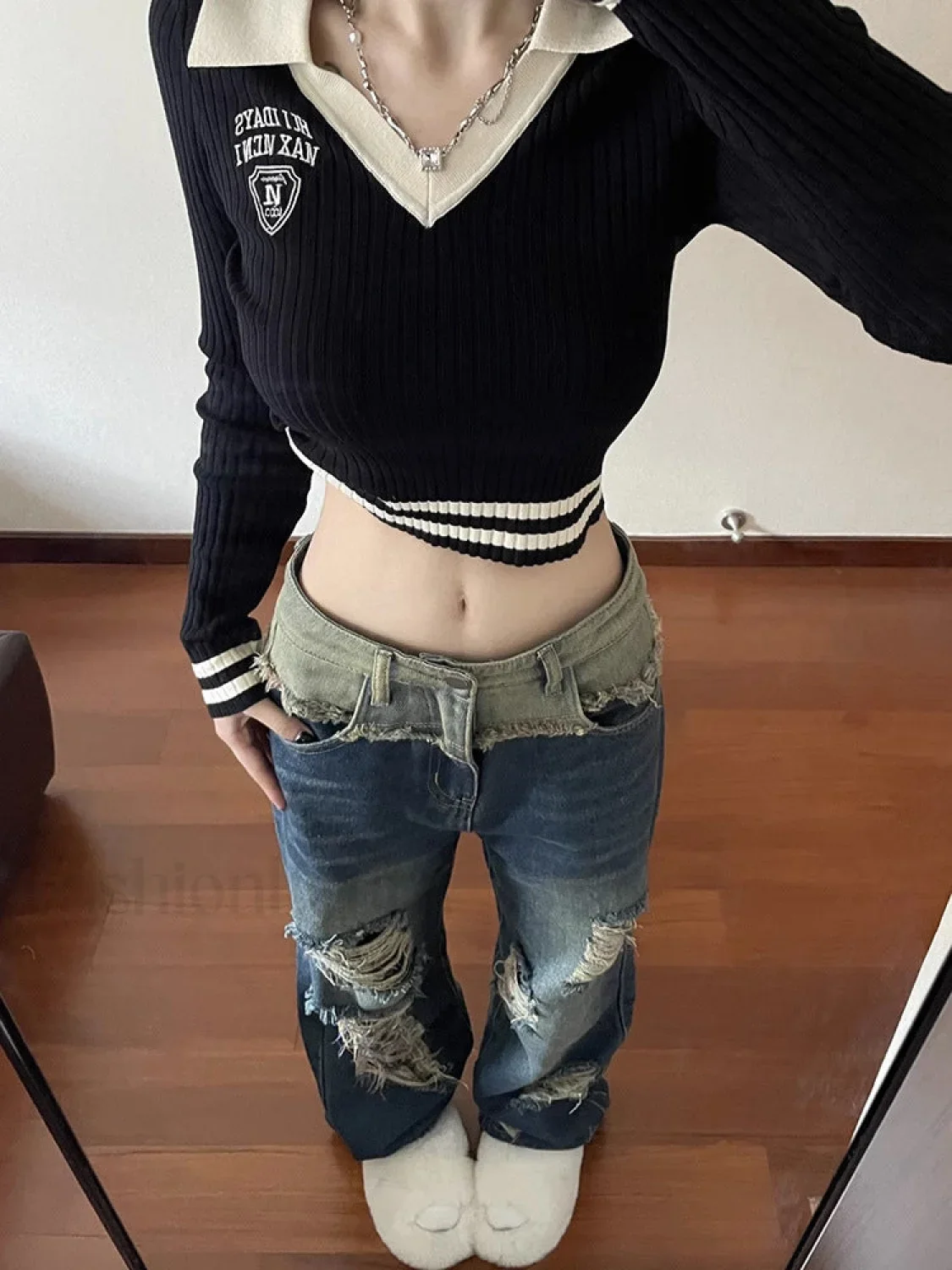Patchwork Distressed Straight Trendy Leg Ripped Jeans - Image 13