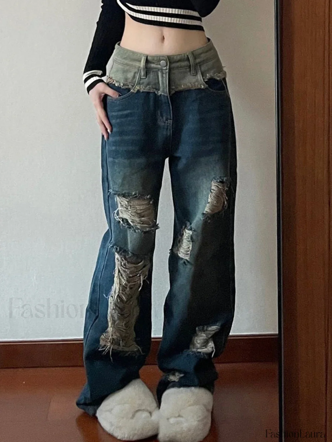 Patchwork Distressed Straight Trendy Leg Ripped Jeans - Image 17