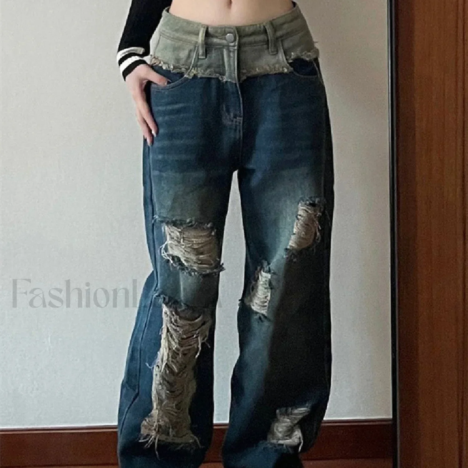 Patchwork Distressed Straight Trendy Leg Ripped Jeans - Image 3