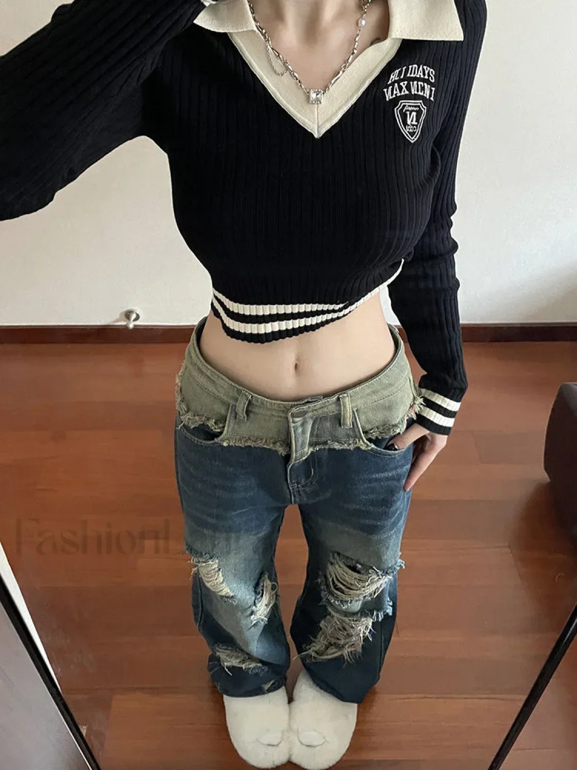 Patchwork Distressed Straight Trendy Leg Ripped Jeans - Image 4
