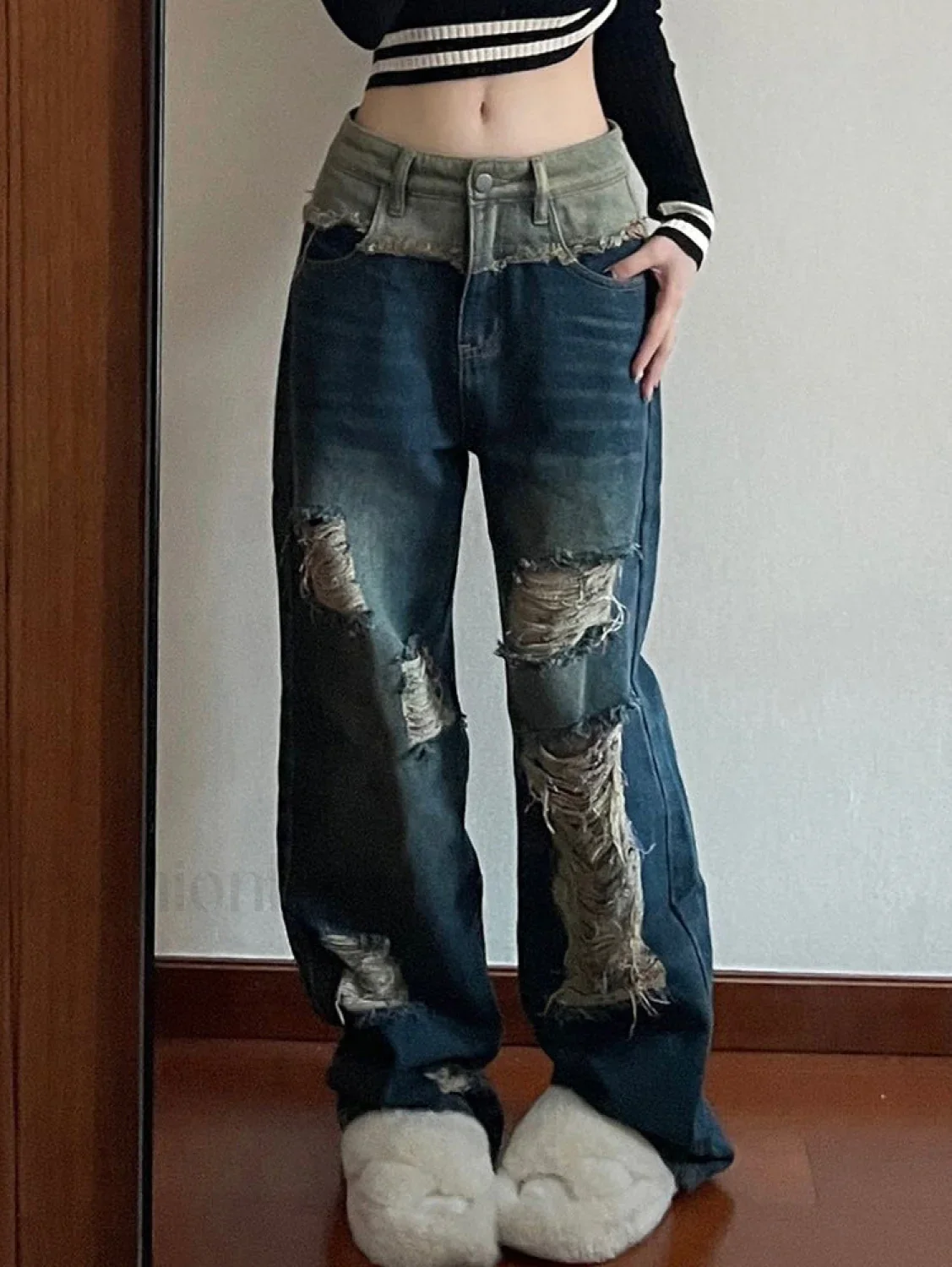 Patchwork Distressed Straight Trendy Leg Ripped Jeans - Image 7