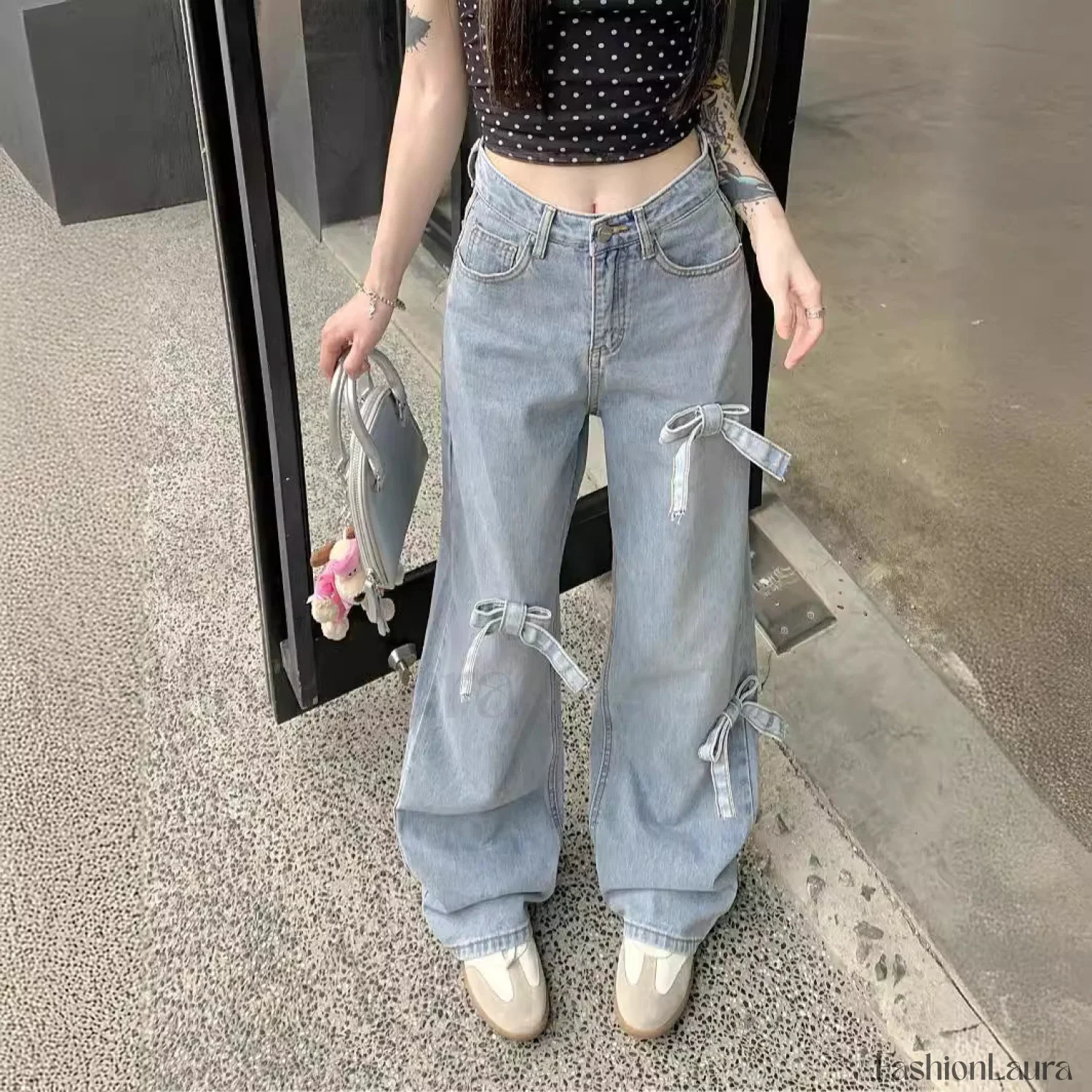 Denim Bow High Trendy Waist Wide Leg Jeans - Image 15