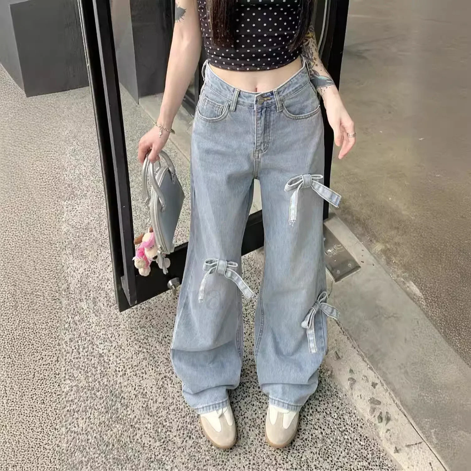 Denim Bow High Trendy Waist Wide Leg Jeans - Image 4