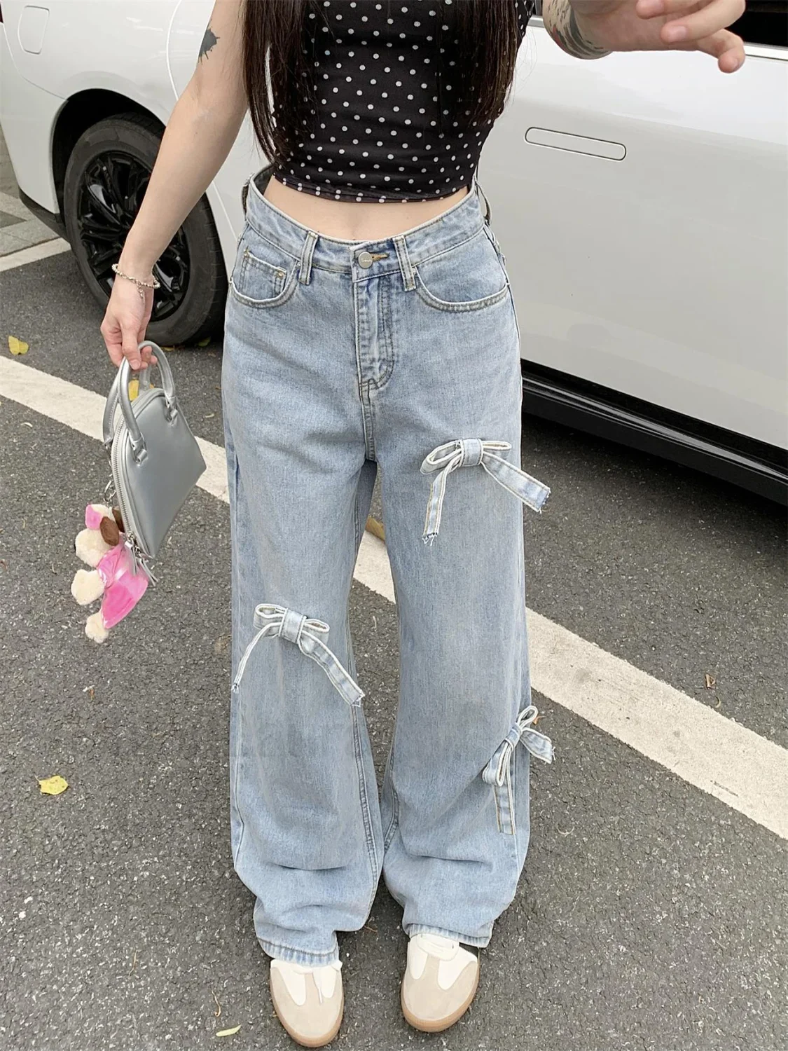 Denim Bow High Trendy Waist Wide Leg Jeans - Image 7