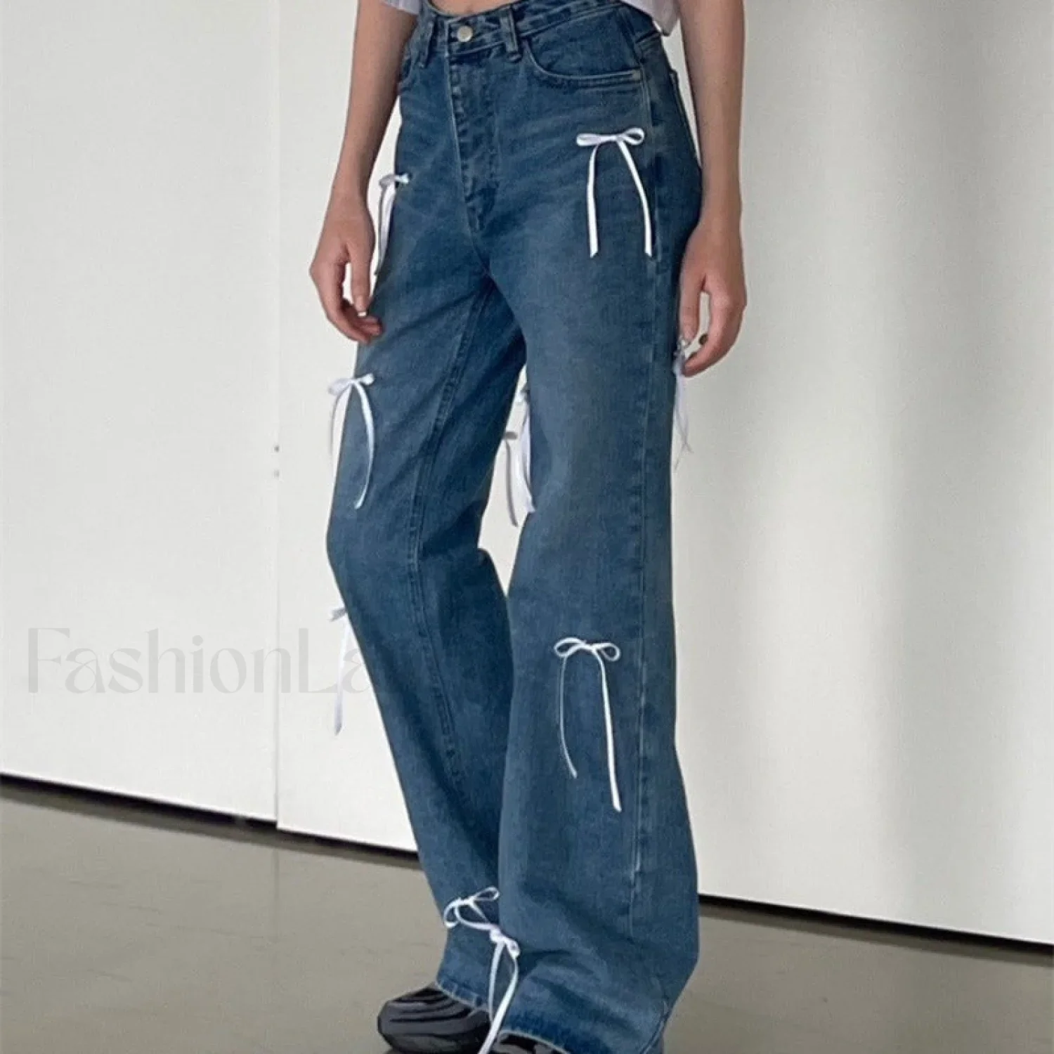 Vintage High Waist Trendy Bow Wide Leg Jeans - Image 16