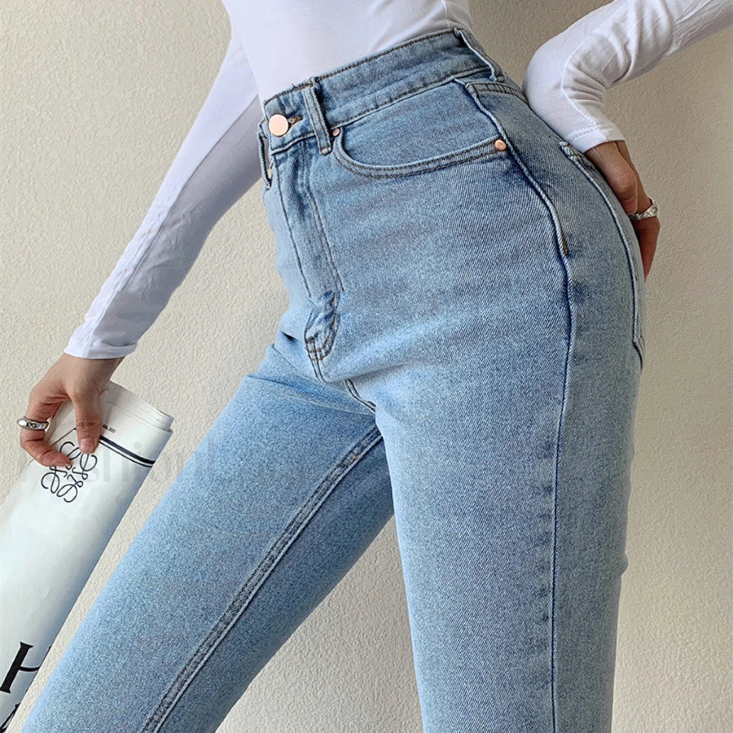 Washed High Waist Trendy Slim Flare Jeans - Image 3