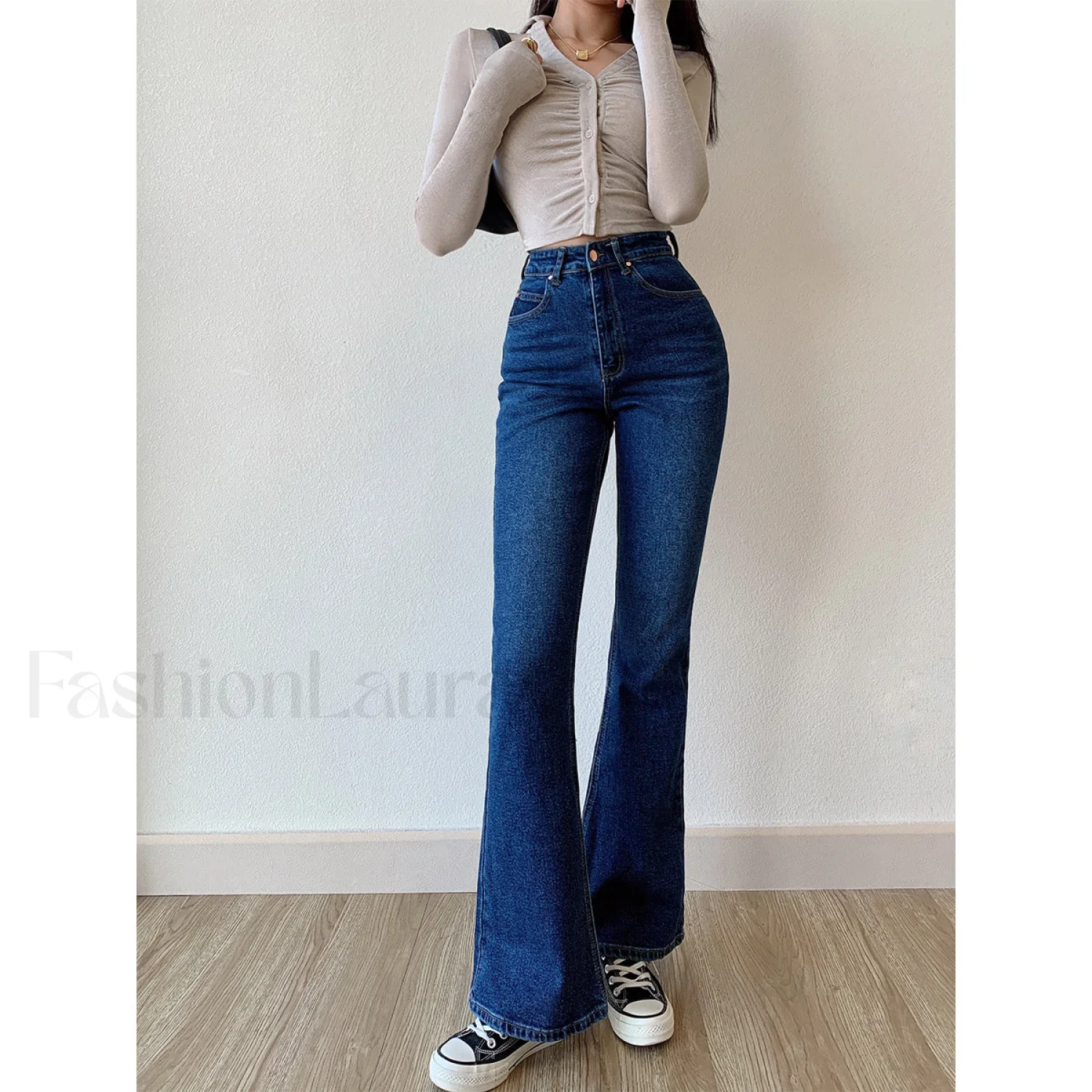 Washed High Waist Trendy Slim Flare Jeans - Image 5