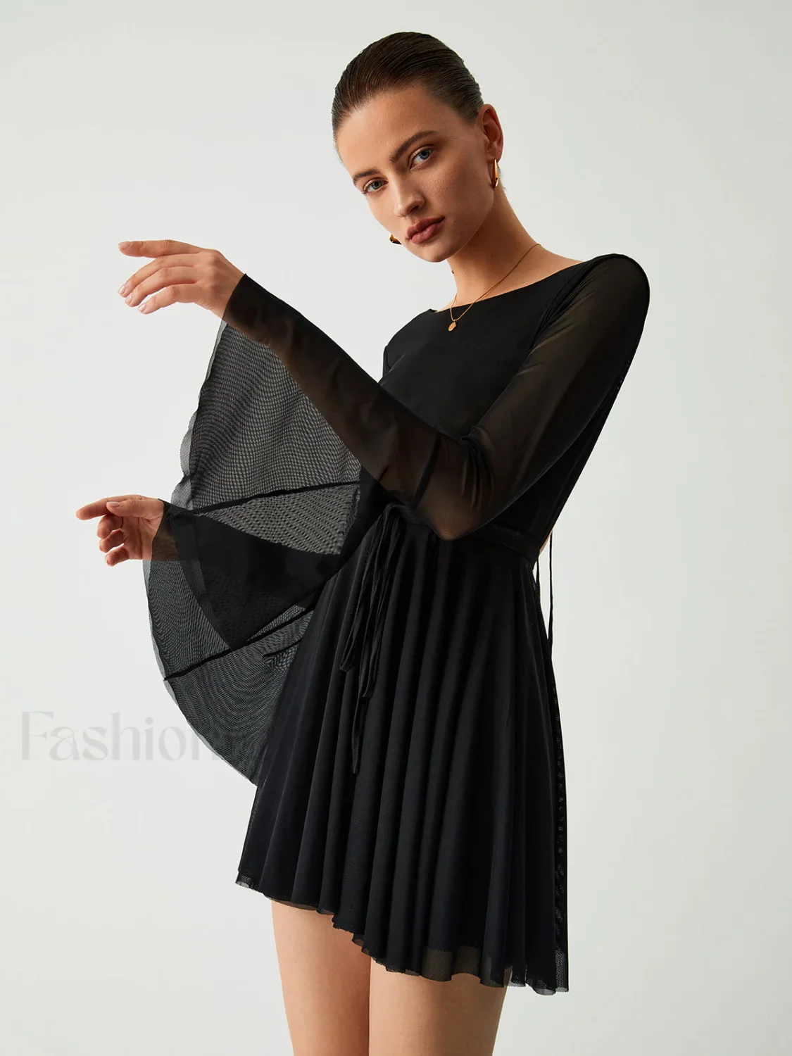 Mesh Flare Sleeve Trendy Open Back Short Dress - Image 4