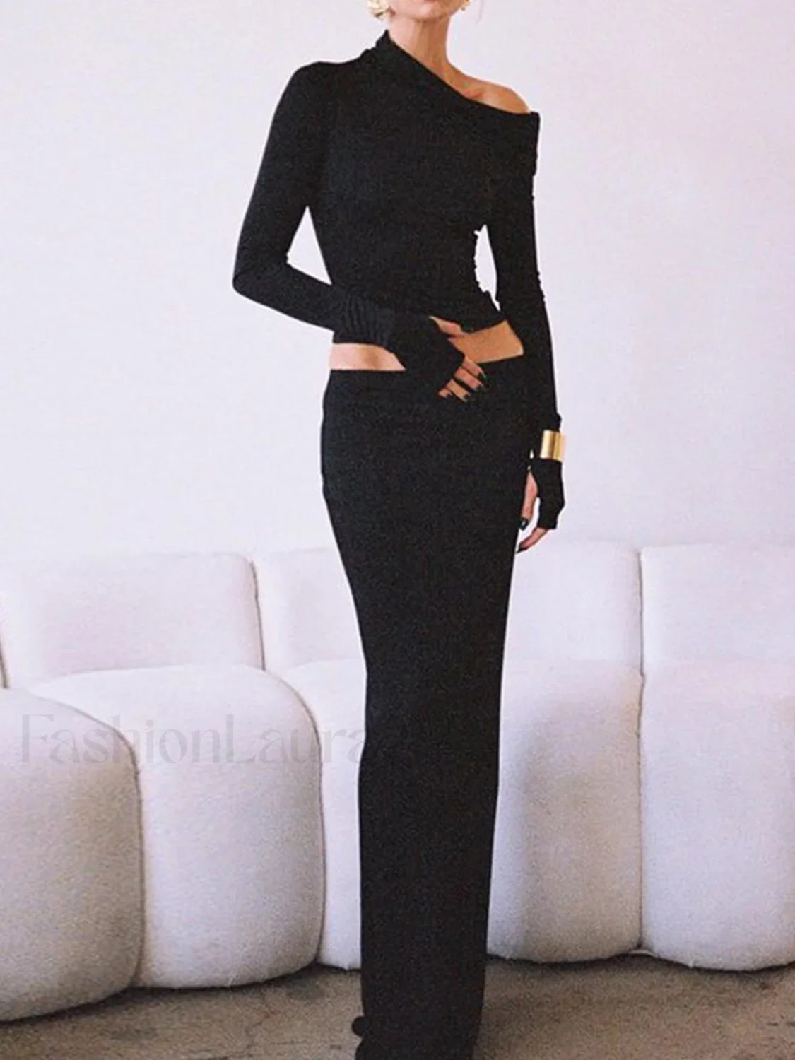 Matte Jersey One Shoulder Modern Off Maxi Skirt Set - Image 9