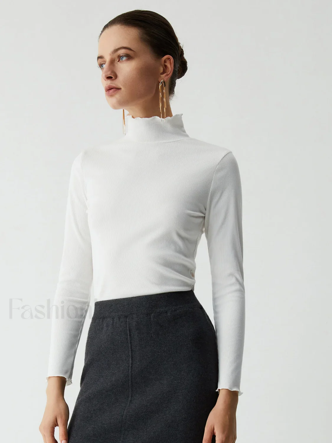 Lettuce Trim Mock Trendy Neck Long Sleeve Shirt - Image 2