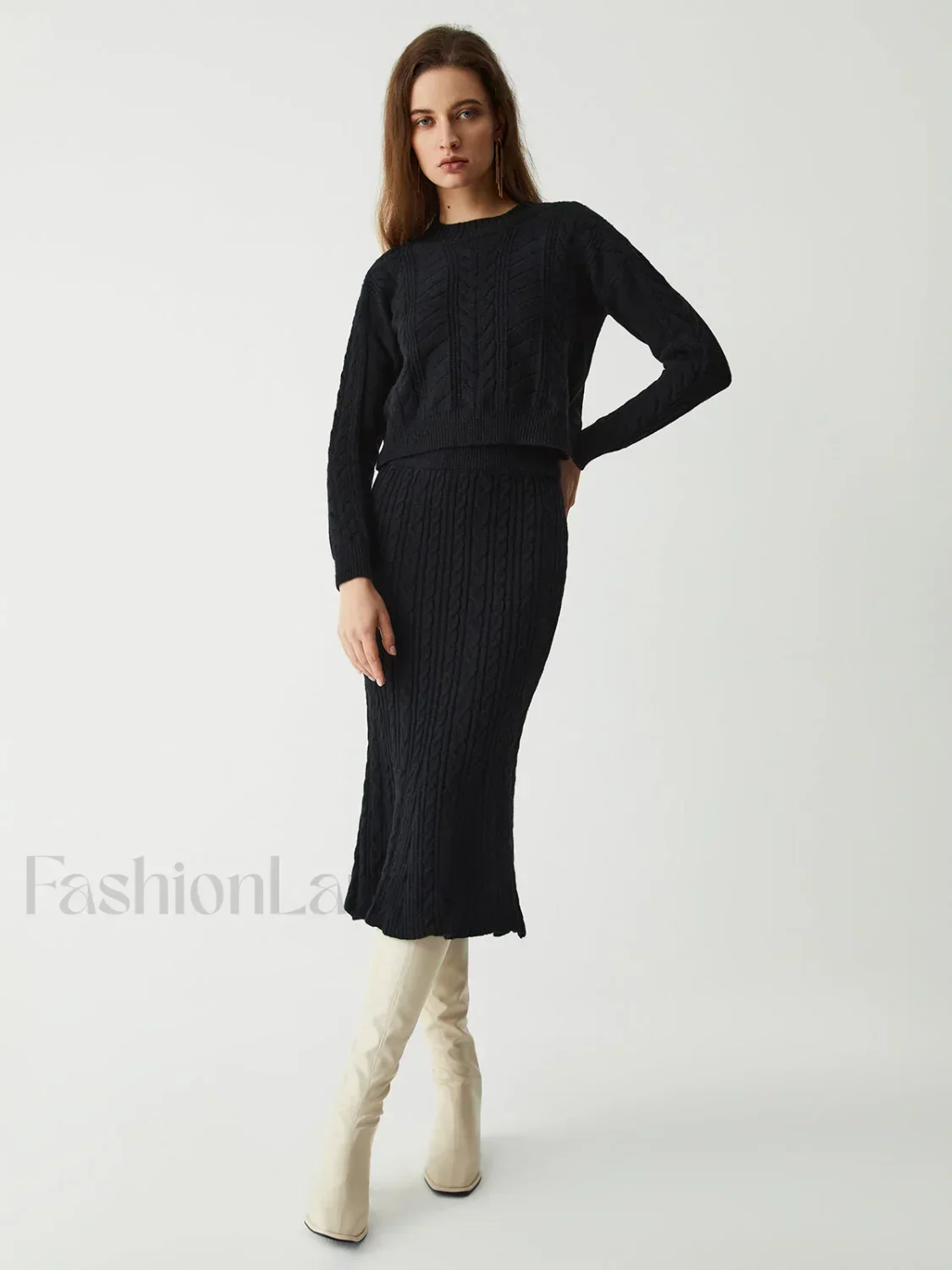 Leisure Cable Knit Long Modern Sleeve Two Piece Skirt Set - Image 2
