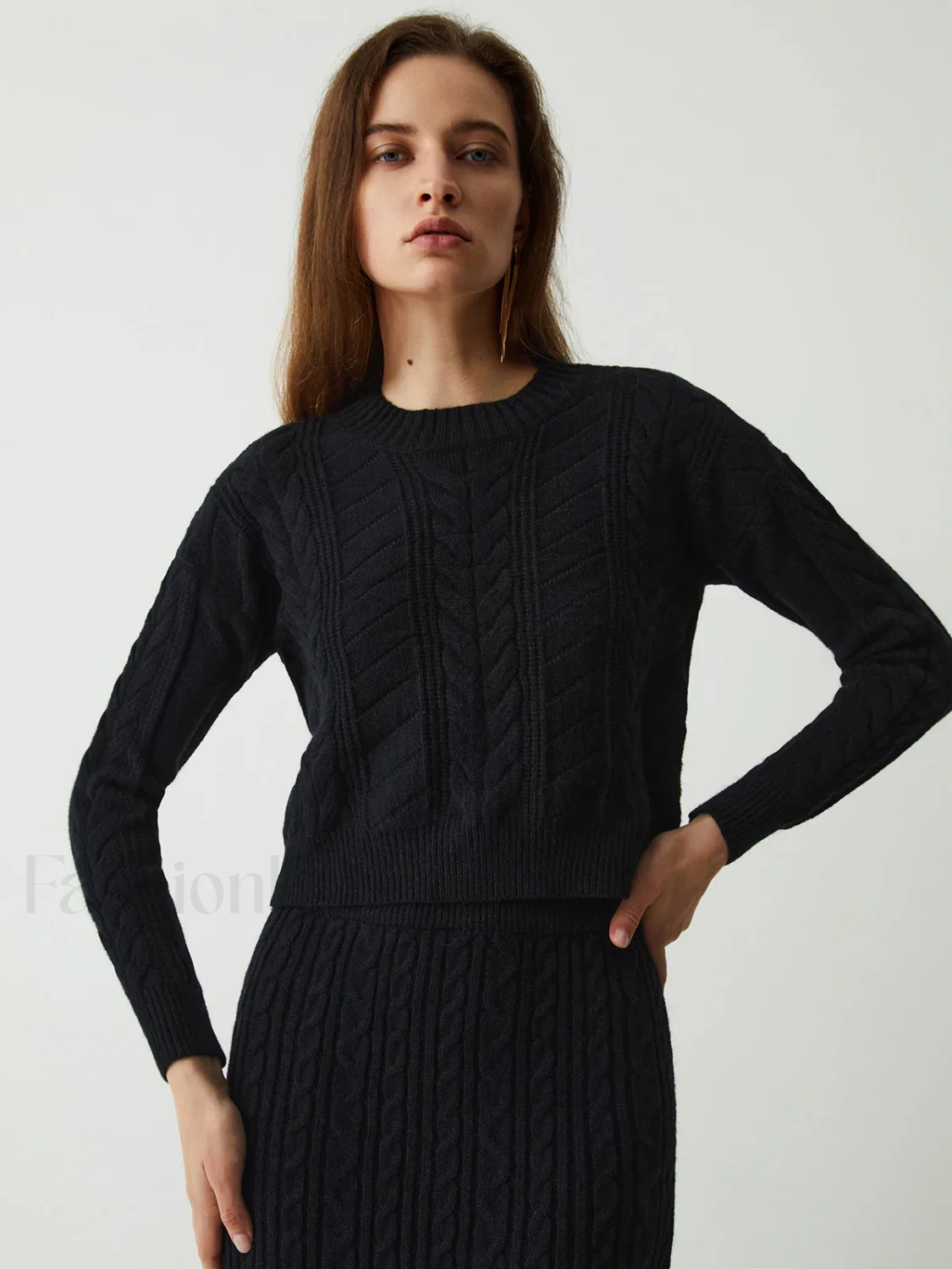 Leisure Cable Knit Long Modern Sleeve Two Piece Skirt Set - Image 4