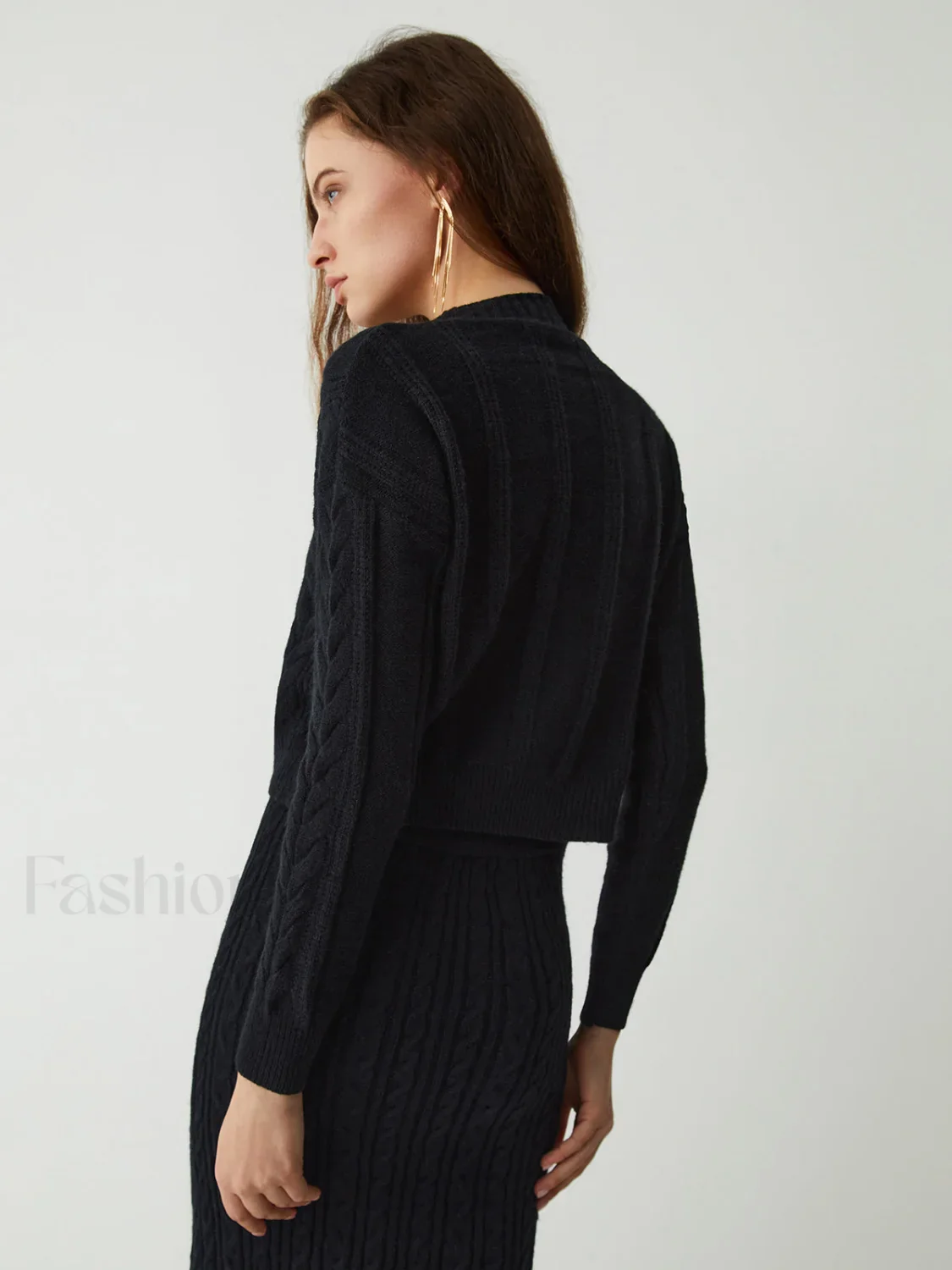 Leisure Cable Knit Long Modern Sleeve Two Piece Skirt Set - Image 8