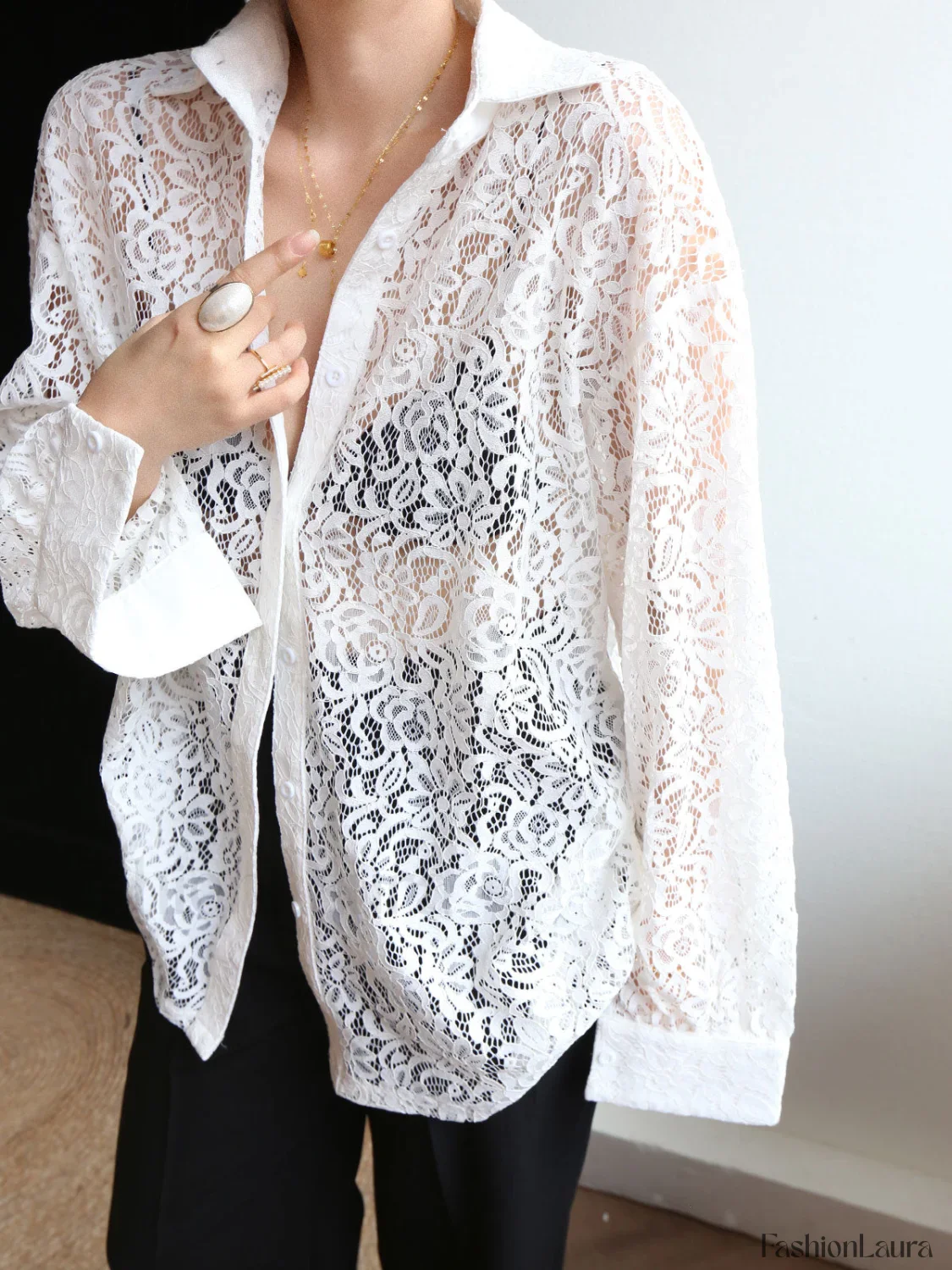 Lace Semi-sheer Graceful Collared Shirt - Image 11