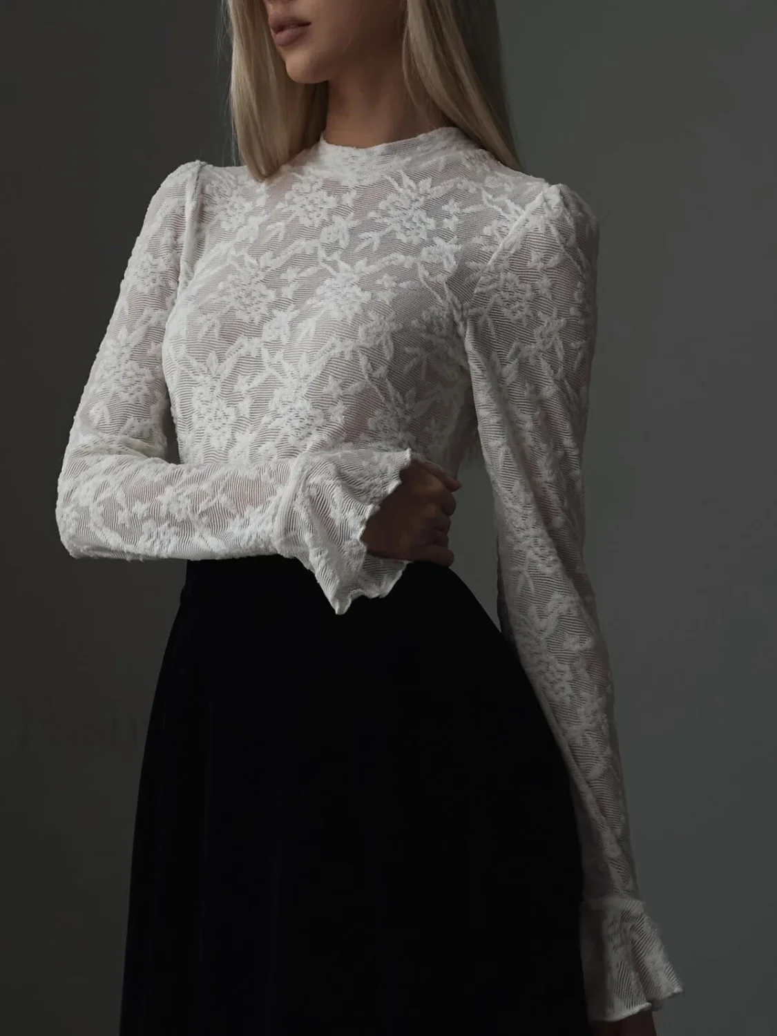 Lace Ruffle Cuff Trendy Long Sleeve Shirt - Image 2