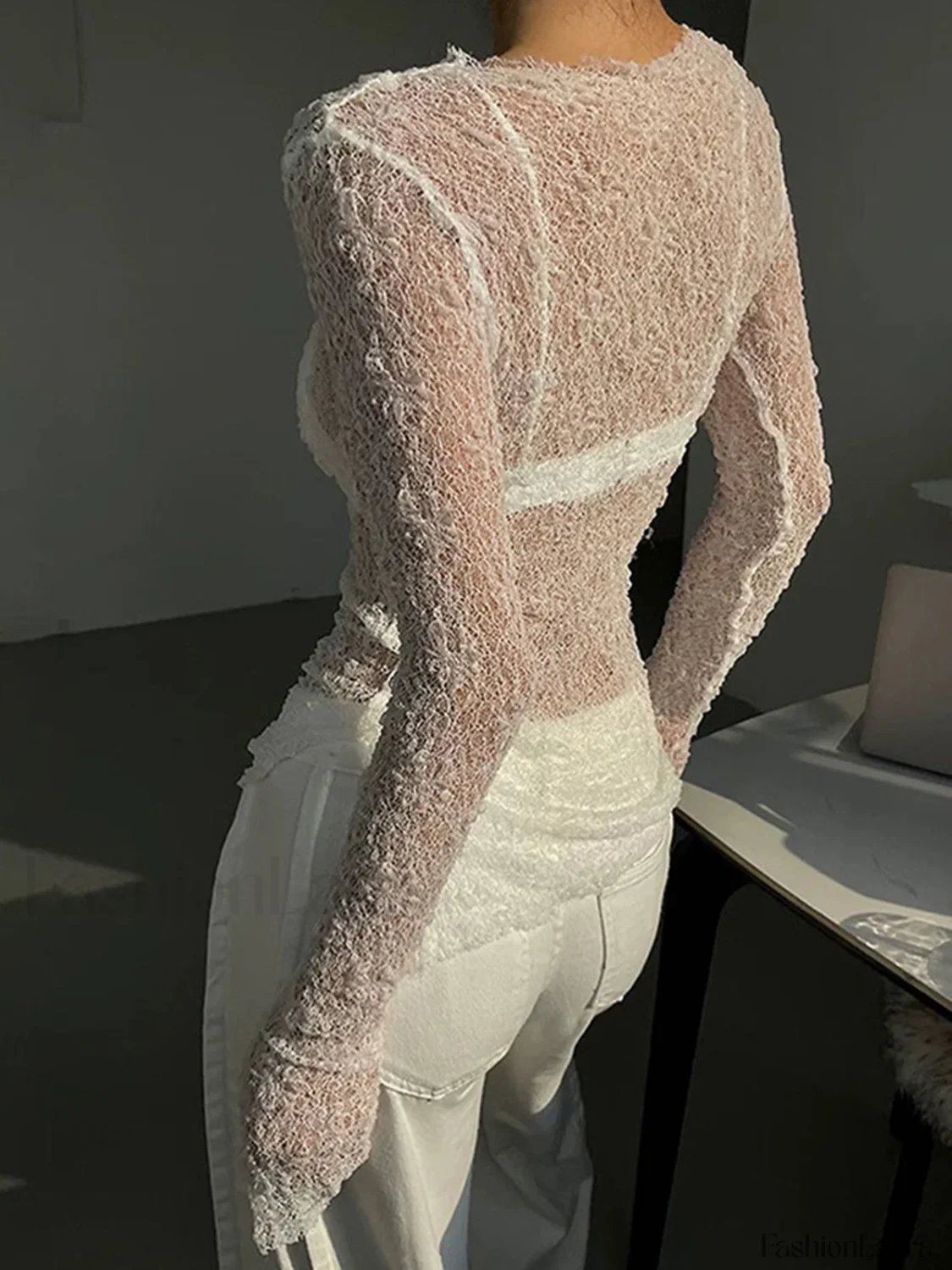 Lace Raw Hem Crew Modern Neck Long Sleeve Top - Image 15