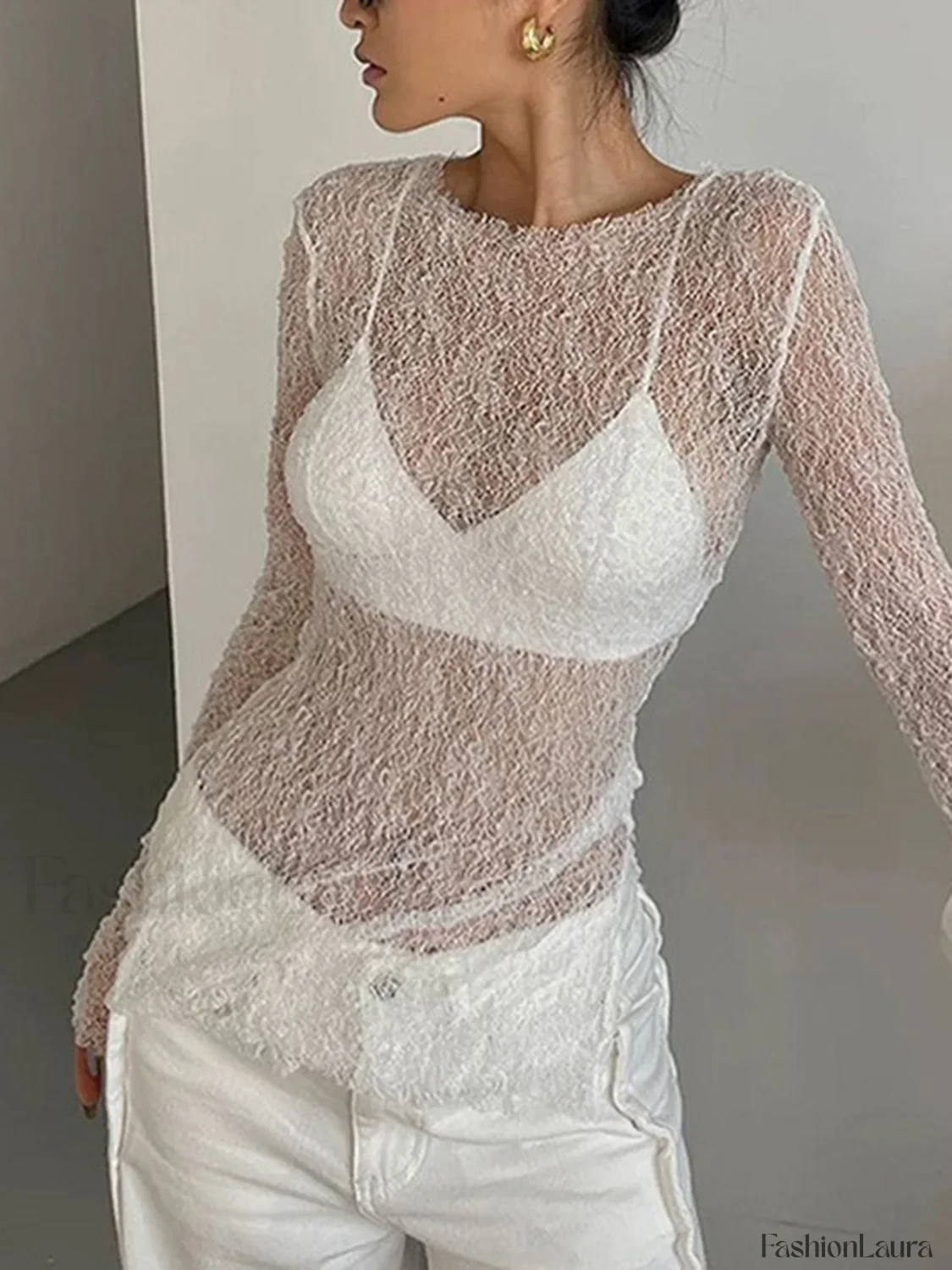 Lace Raw Hem Crew Modern Neck Long Sleeve Top - Image 16