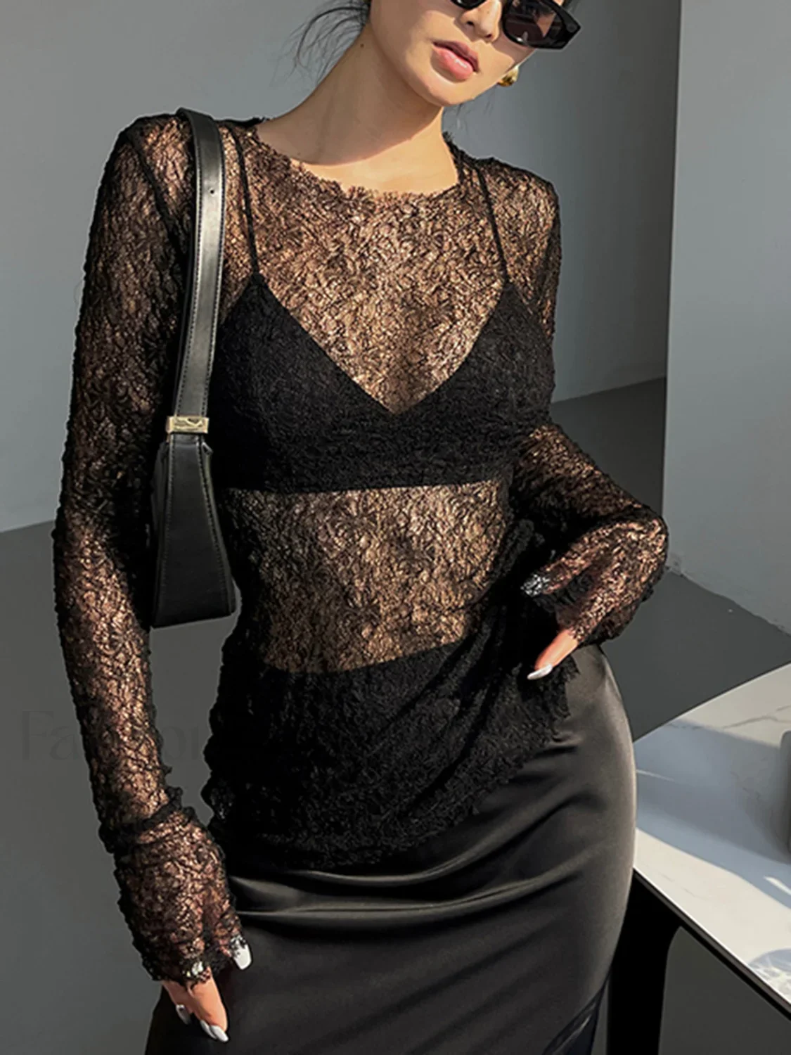 Lace Raw Hem Crew Modern Neck Long Sleeve Top - Image 3