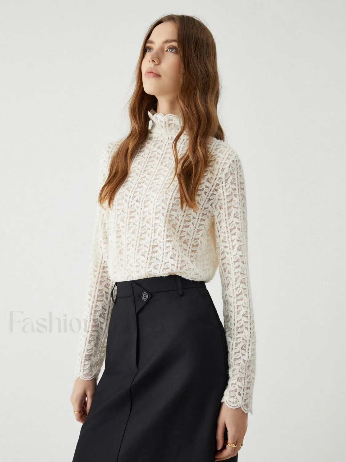 Lace Floral Graceful Pattern Mockneck Top - Image 2