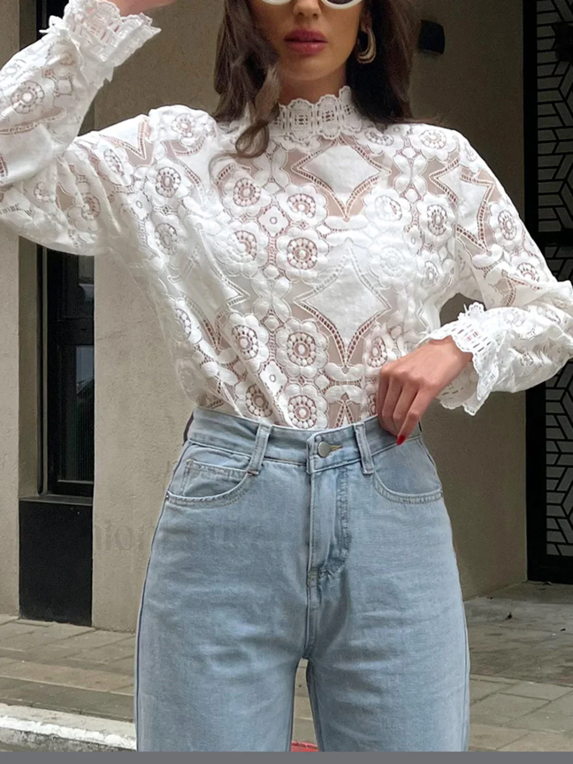 Lace Embroidery Floral Trendy Mock Neck Blouse - Image 2