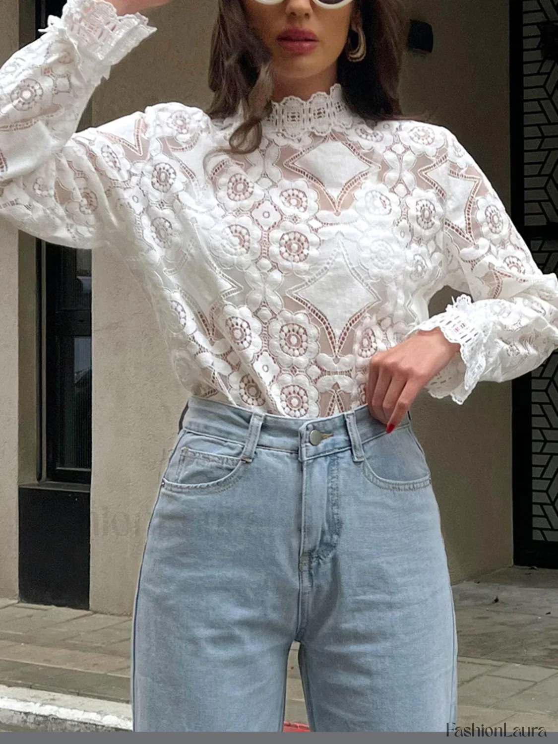 Lace Embroidery Floral Trendy Mock Neck Blouse - Image 8