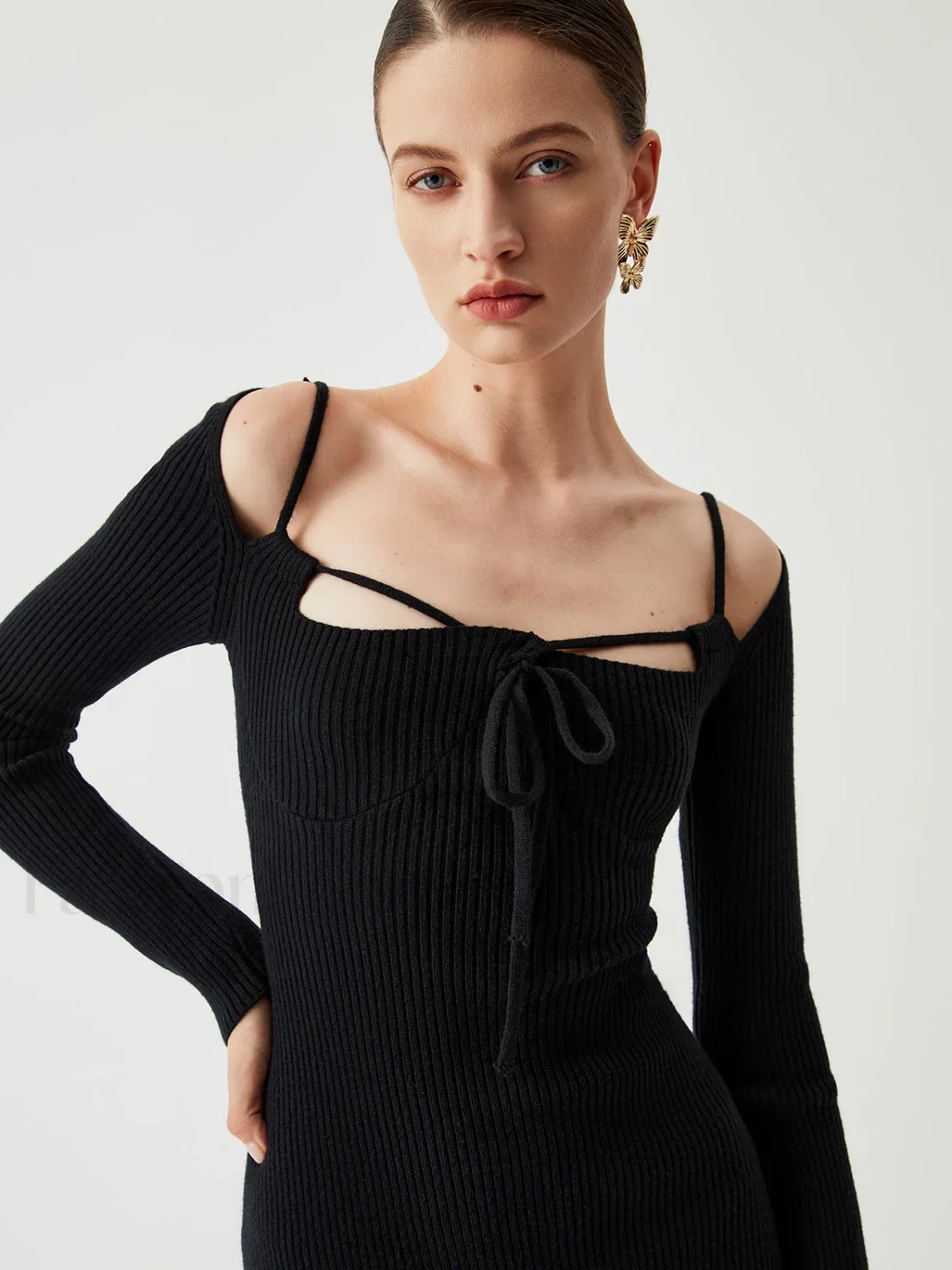 Knit Tied Cutout Long Modern Sleeve Short Sweater Dress - Image 3