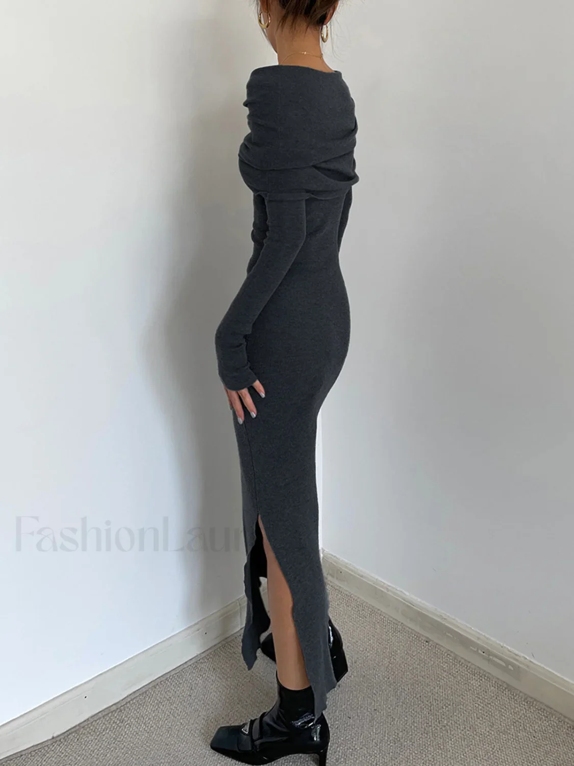 Knit Split Overfold Trendy Sweater Midi Dress - Image 4