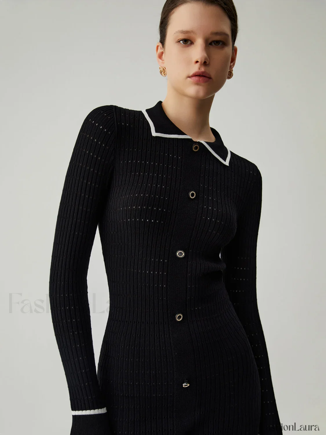 Knit Ruffled Hem Long Modern Sleeve Collar Mini Sweater Dress - Image 15