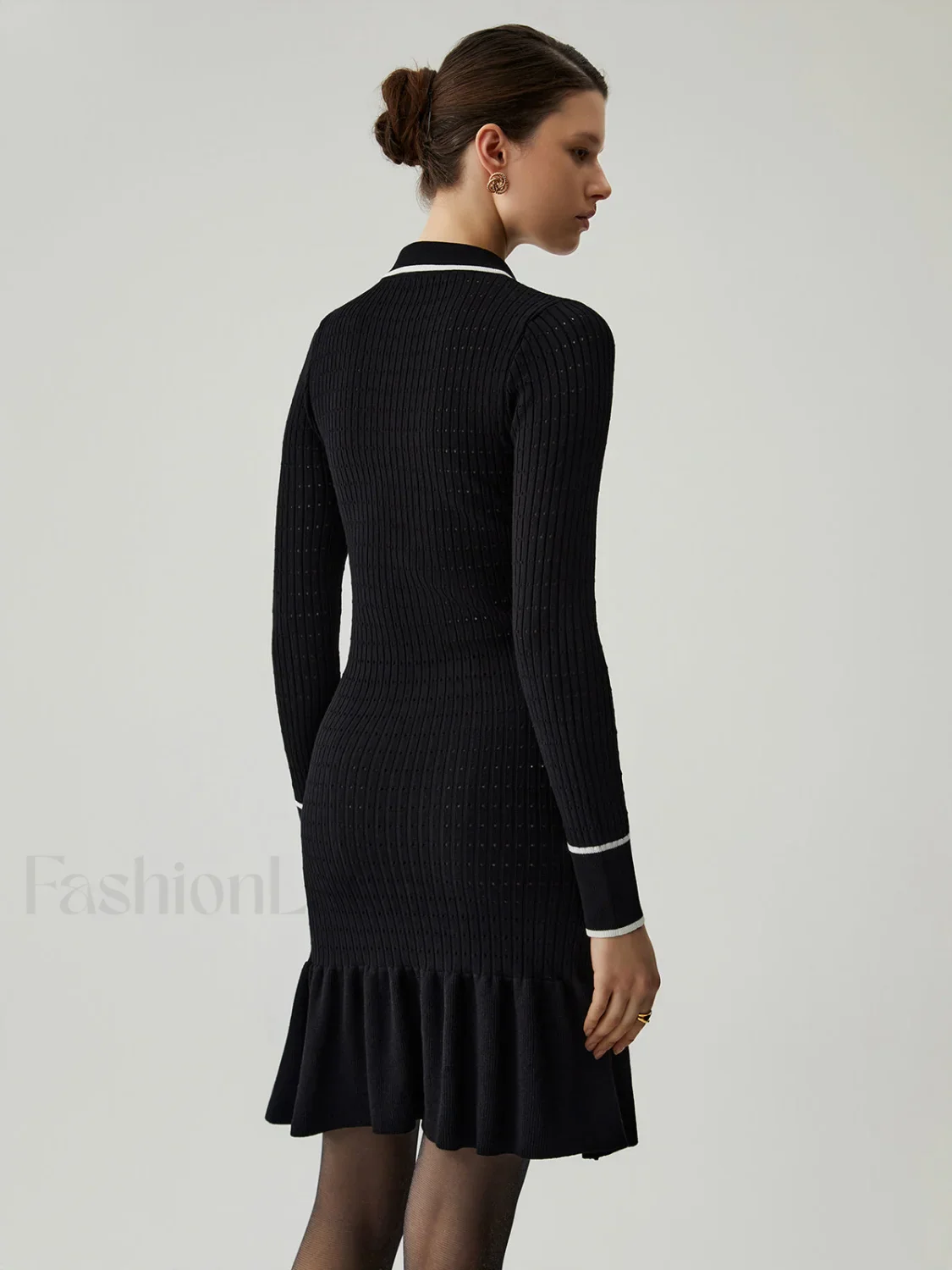 Knit Ruffled Hem Long Modern Sleeve Collar Mini Sweater Dress - Image 6