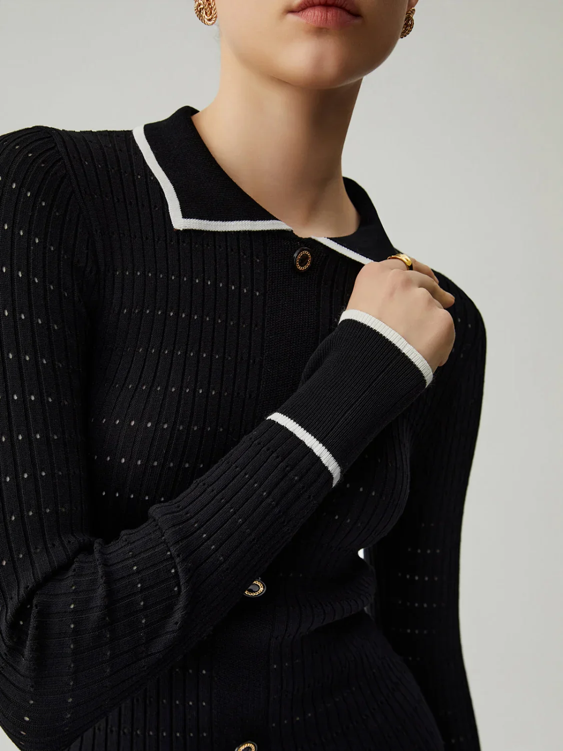 Knit Ruffled Hem Long Modern Sleeve Collar Mini Sweater Dress - Image 8