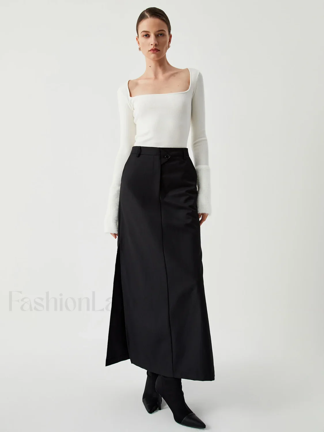 Knit Patchwork Fuzzy Cuff Modern Square Neck Long Sleeve Top - Image 7