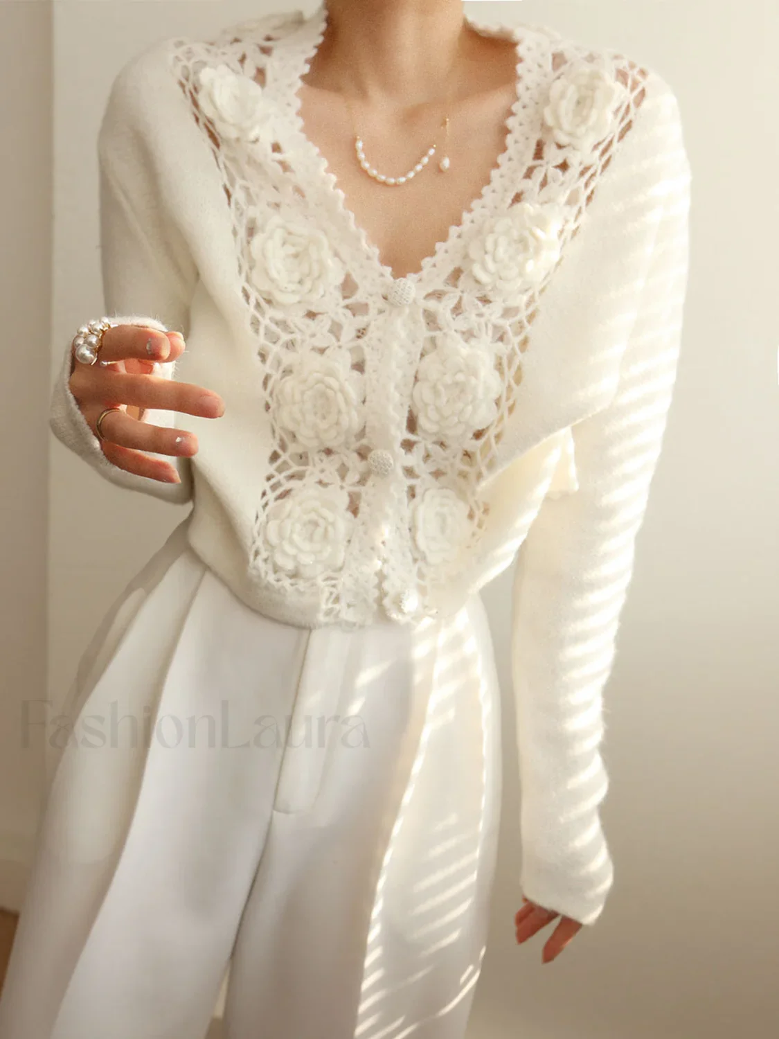 Knit Floral Crocheted Trendy Hollow V-neck Cardigan - Image 11