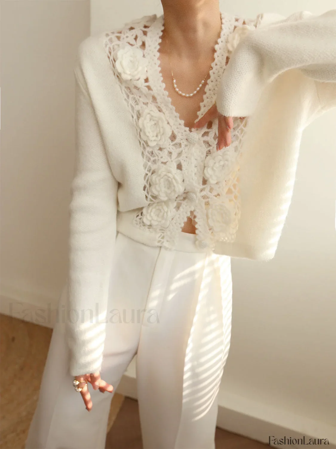 Knit Floral Crocheted Trendy Hollow V-neck Cardigan - Image 12