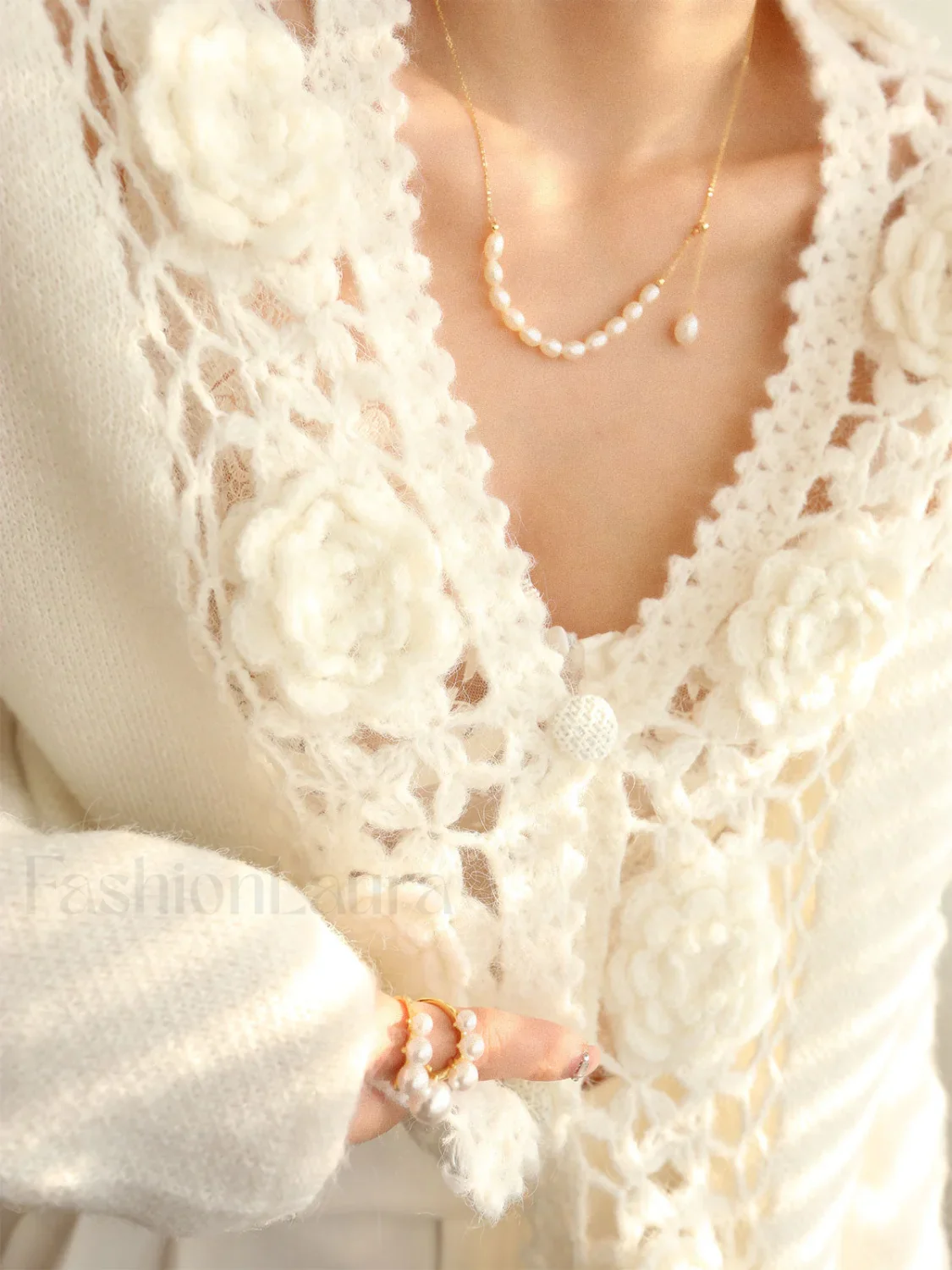 Knit Floral Crocheted Trendy Hollow V-neck Cardigan - Image 6