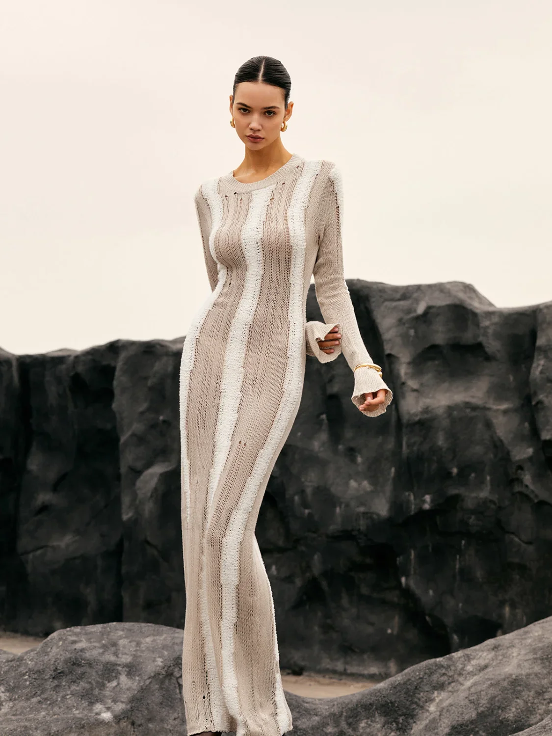 Jacquard Striped Graceful Crochet Long Dress - Image 11