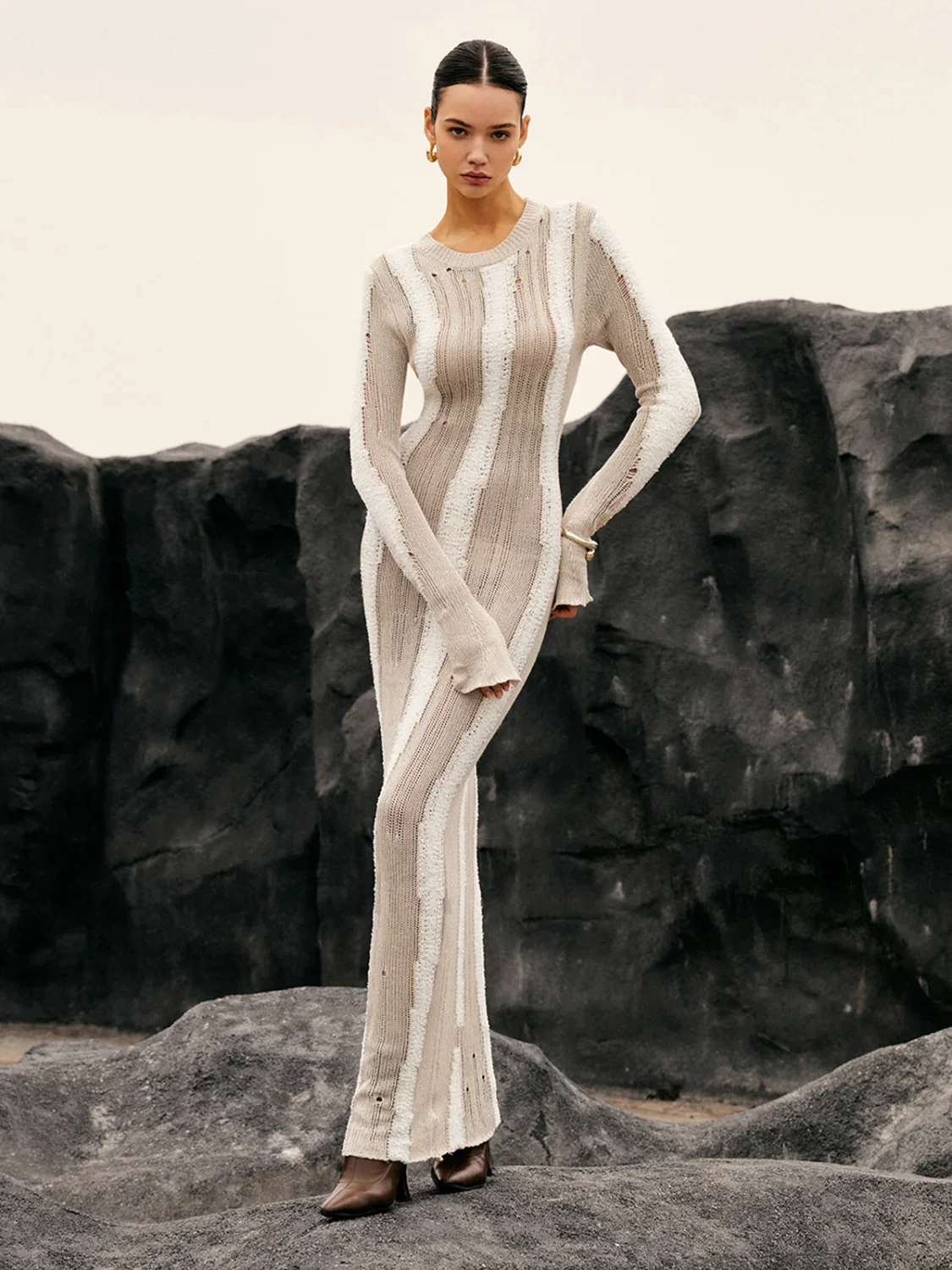 Jacquard Striped Graceful Crochet Long Dress - Image 12