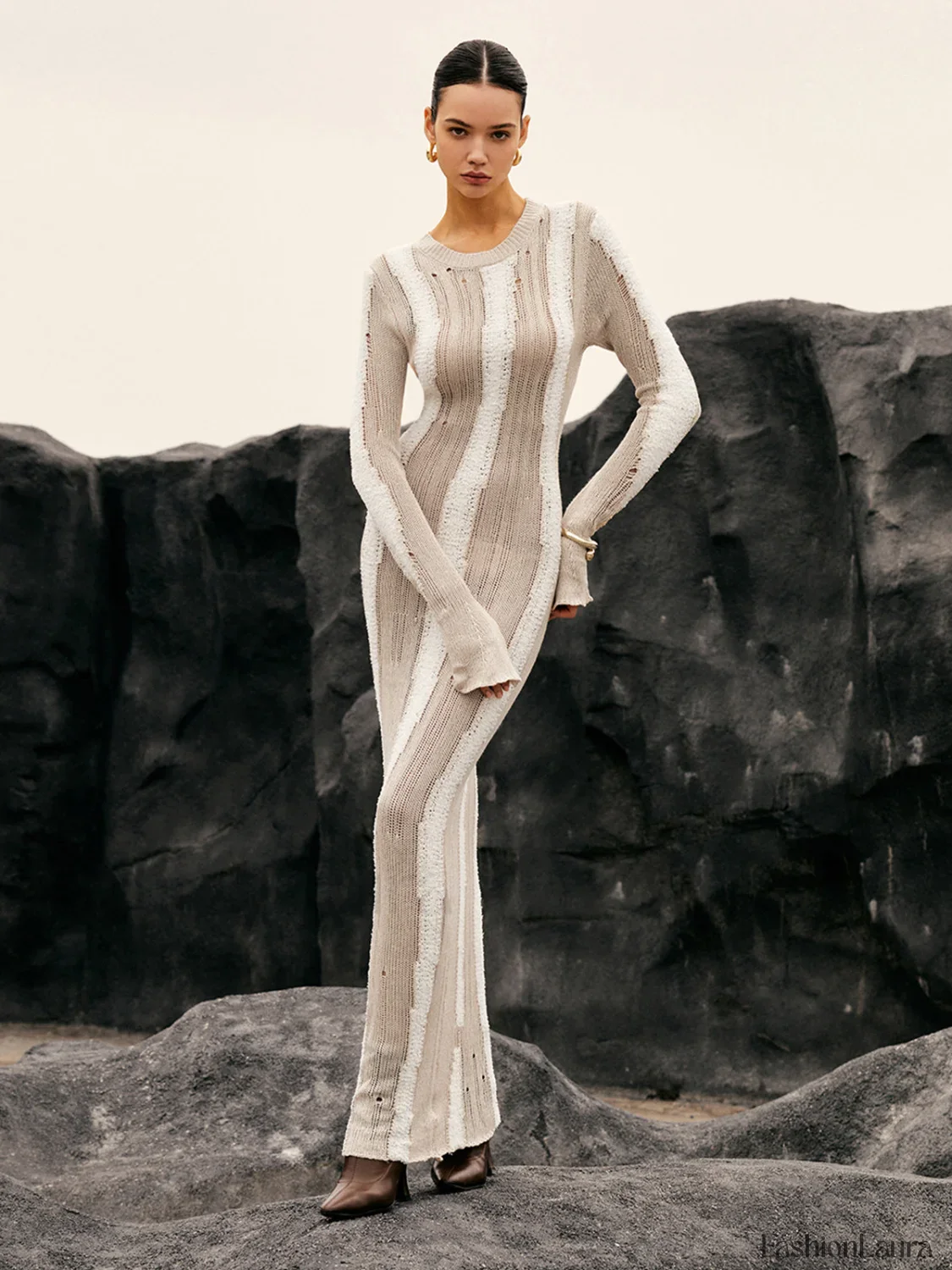 Jacquard Striped Graceful Crochet Long Dress - Image 18