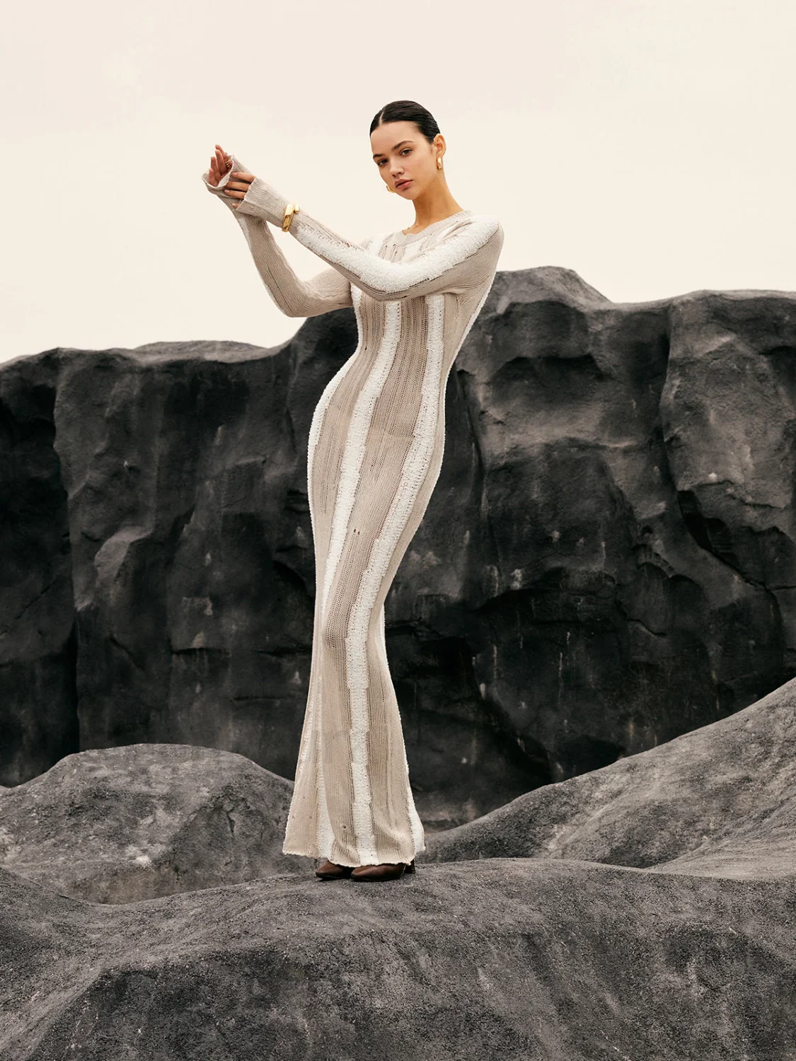 Jacquard Striped Graceful Crochet Long Dress - Image 3