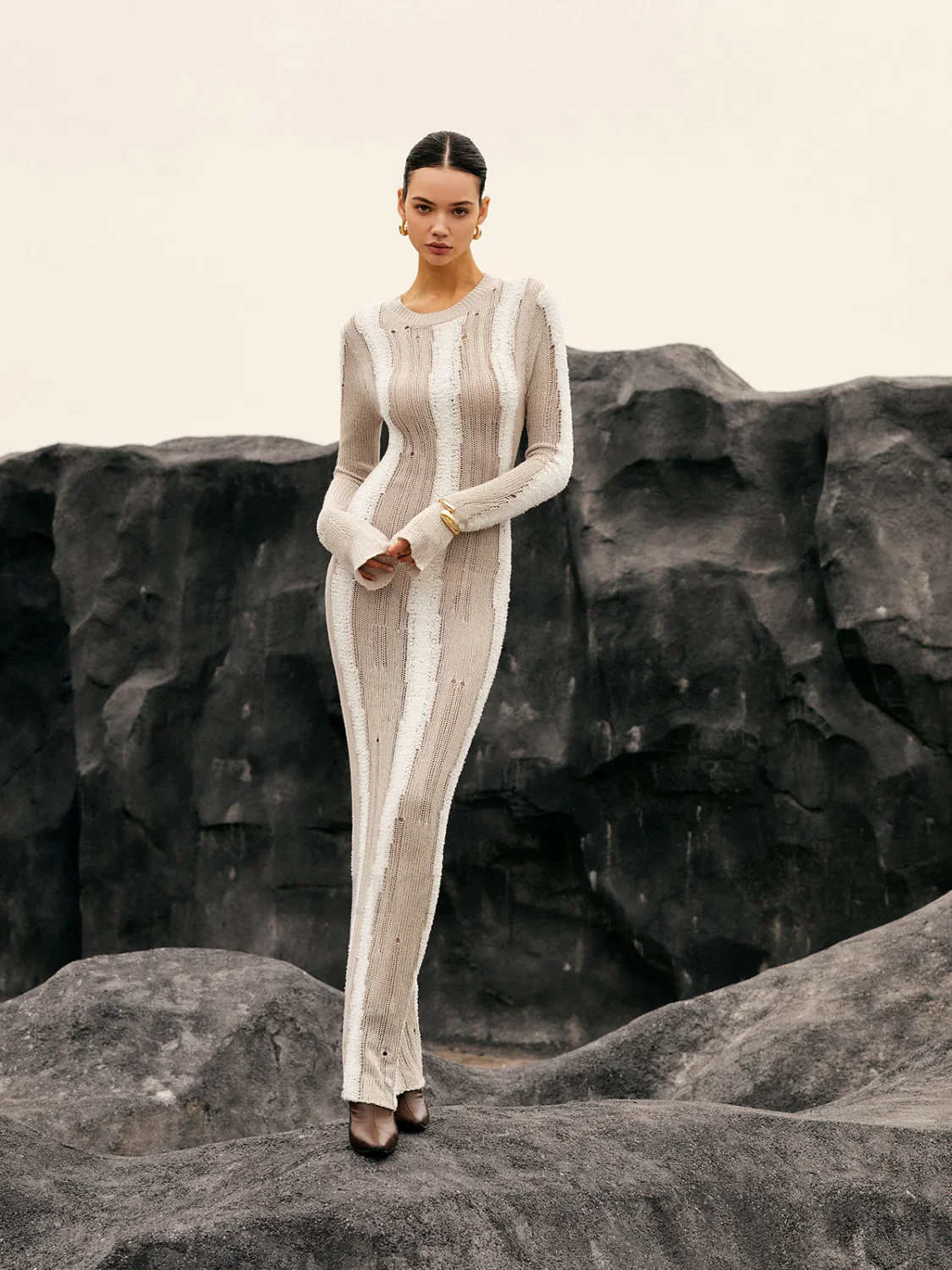 Jacquard Striped Graceful Crochet Long Dress - Image 4