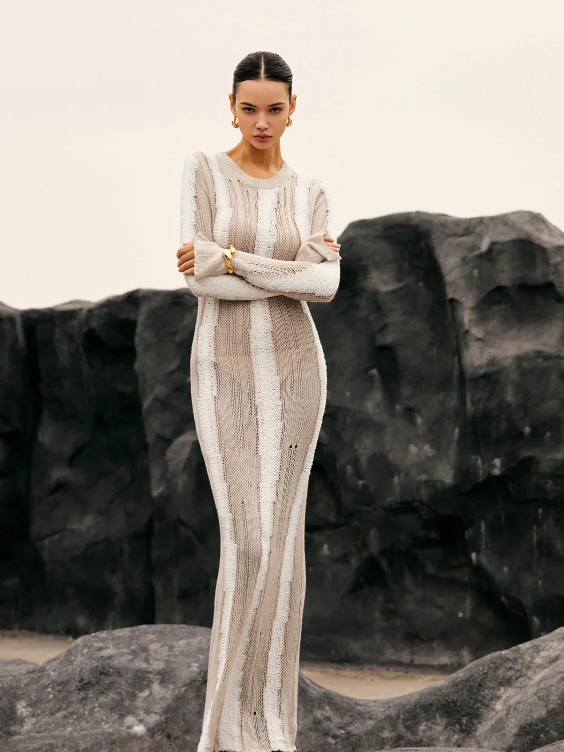 Jacquard Striped Graceful Crochet Long Dress - Image 5