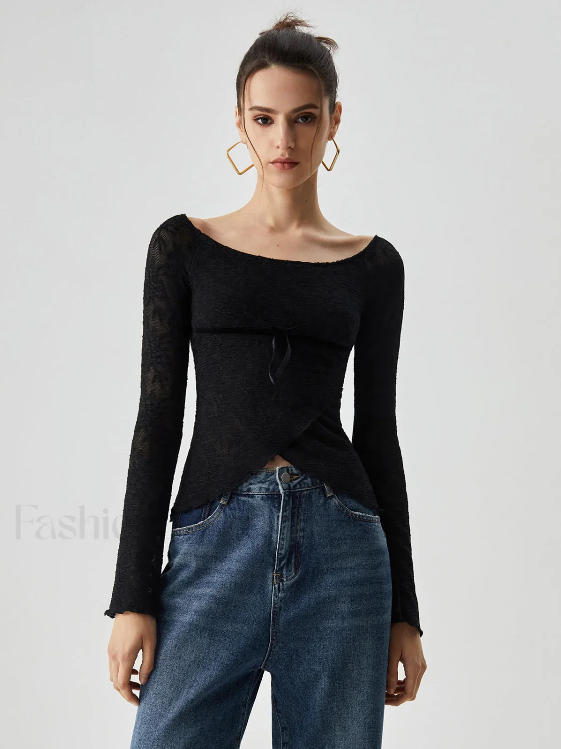Jacquard Lace Semi-sheer Trendy Bowknot Crossover Blouse - Image 3