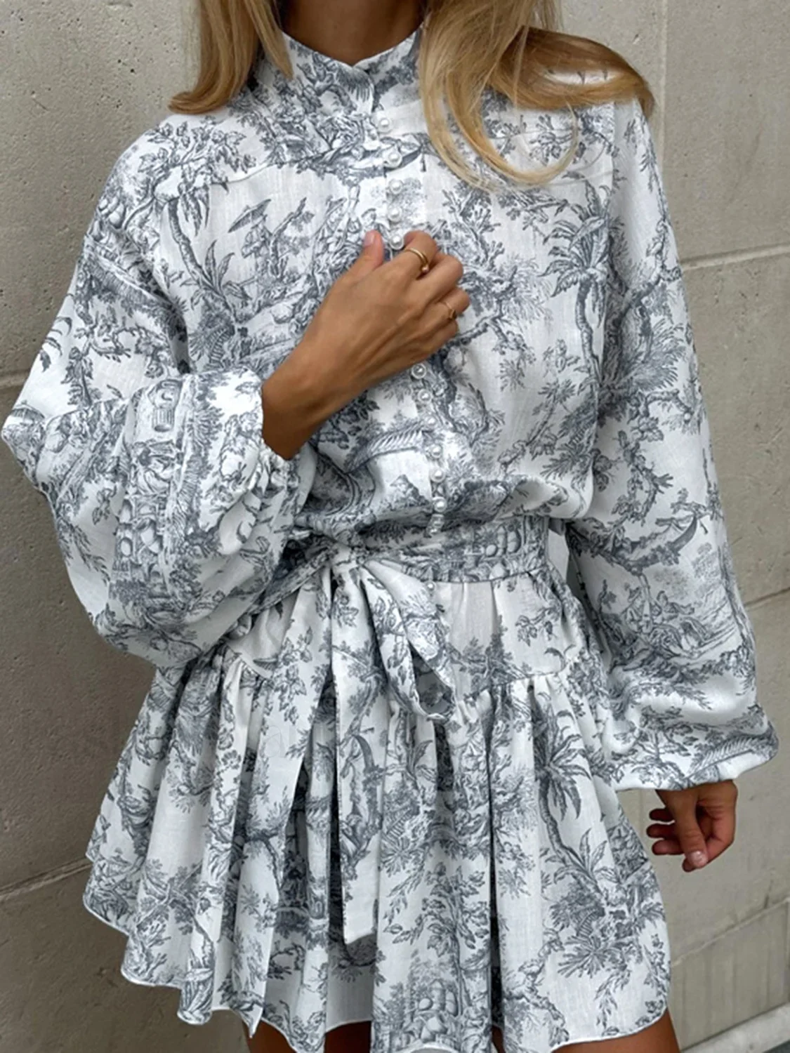 Ink Painting Print Tie Modern Up A-Line Short Dress - Image 12