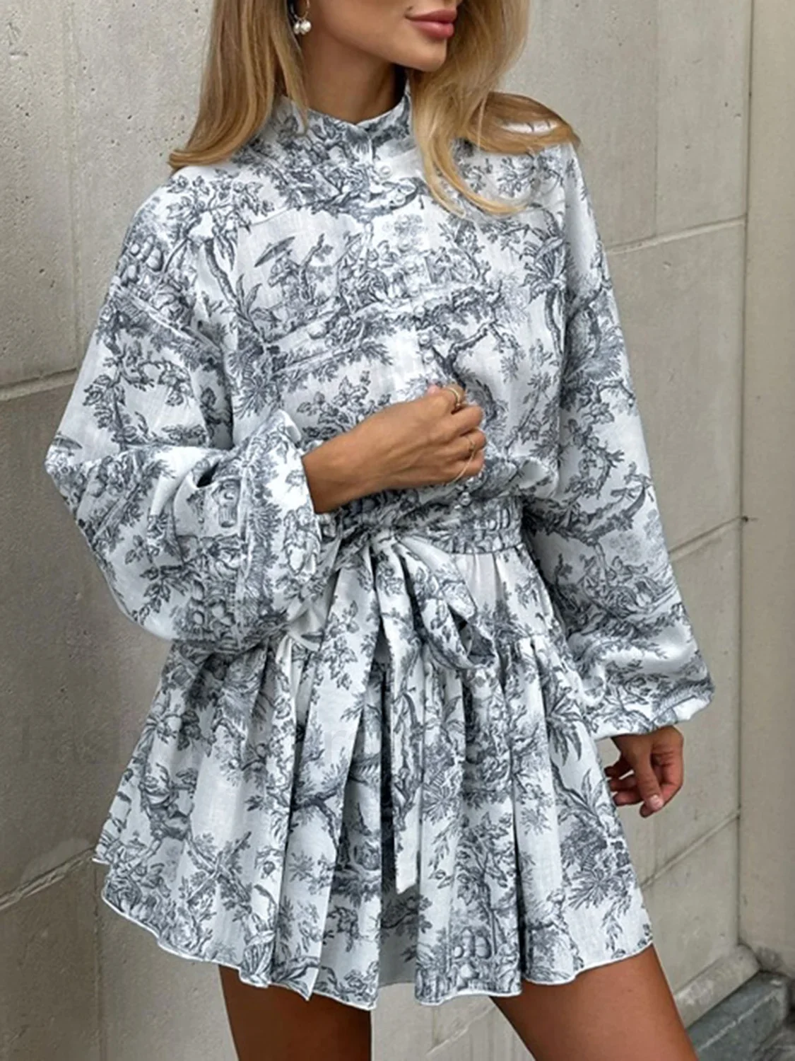 Ink Painting Print Tie Modern Up A-Line Short Dress - Image 16