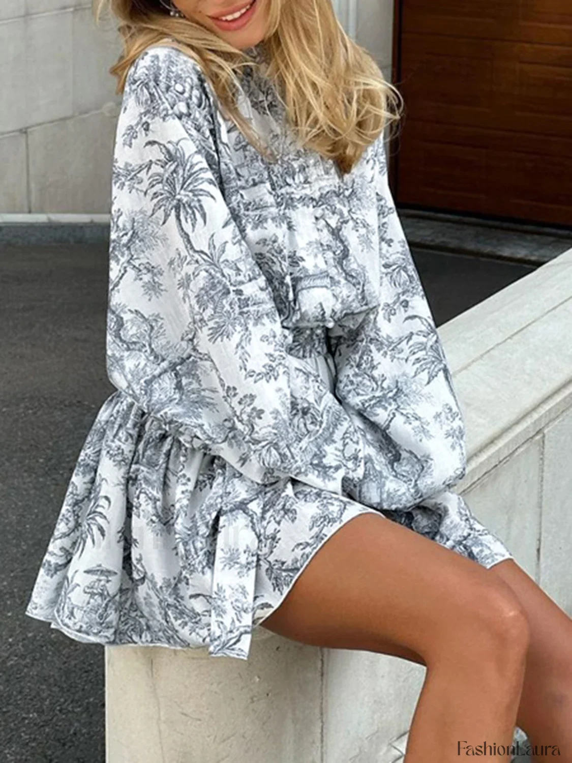 Ink Painting Print Tie Modern Up A-Line Short Dress - Image 19