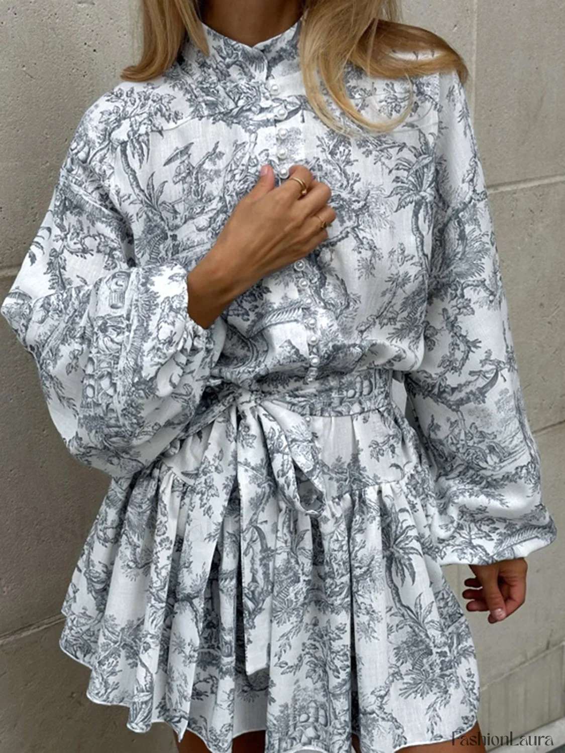 Ink Painting Print Tie Modern Up A-Line Short Dress - Image 20