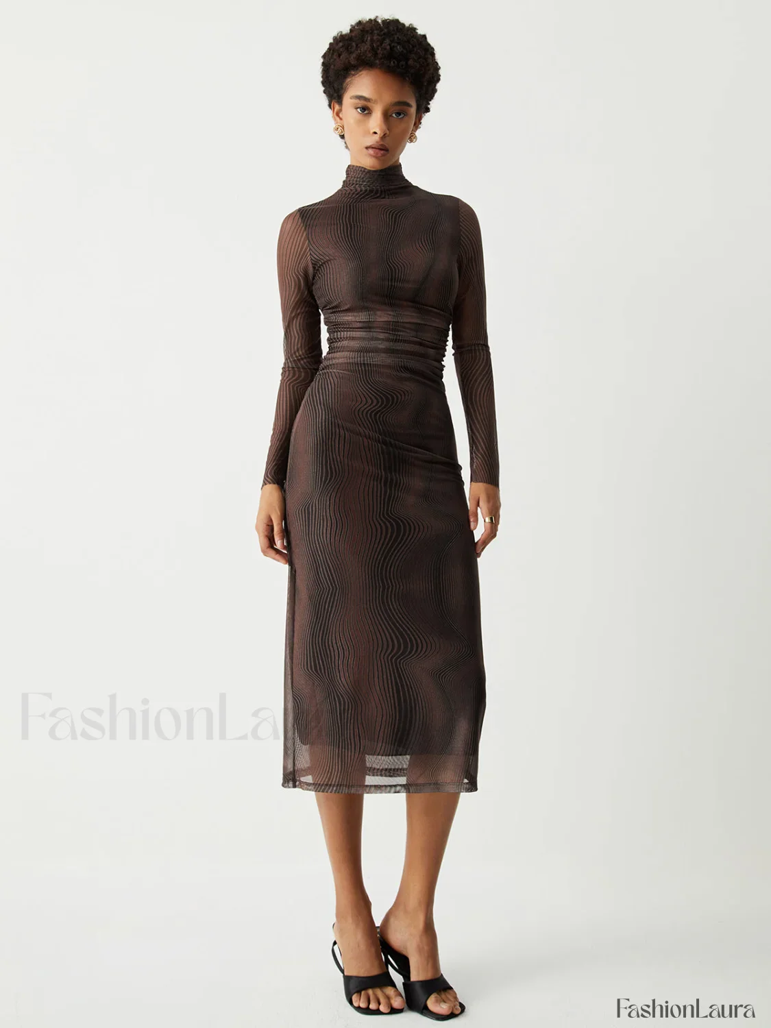 Illusion Tulle Print Mock Modern Neck Mesh Midi Dress - Image 15