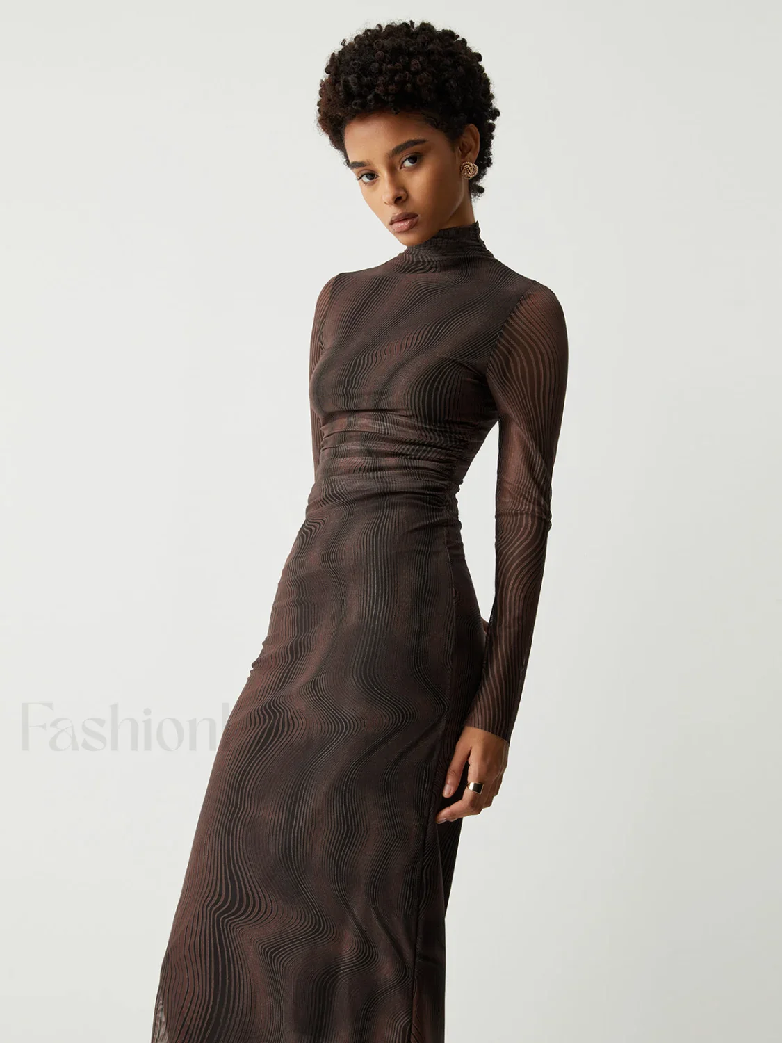 Illusion Tulle Print Mock Modern Neck Mesh Midi Dress - Image 2