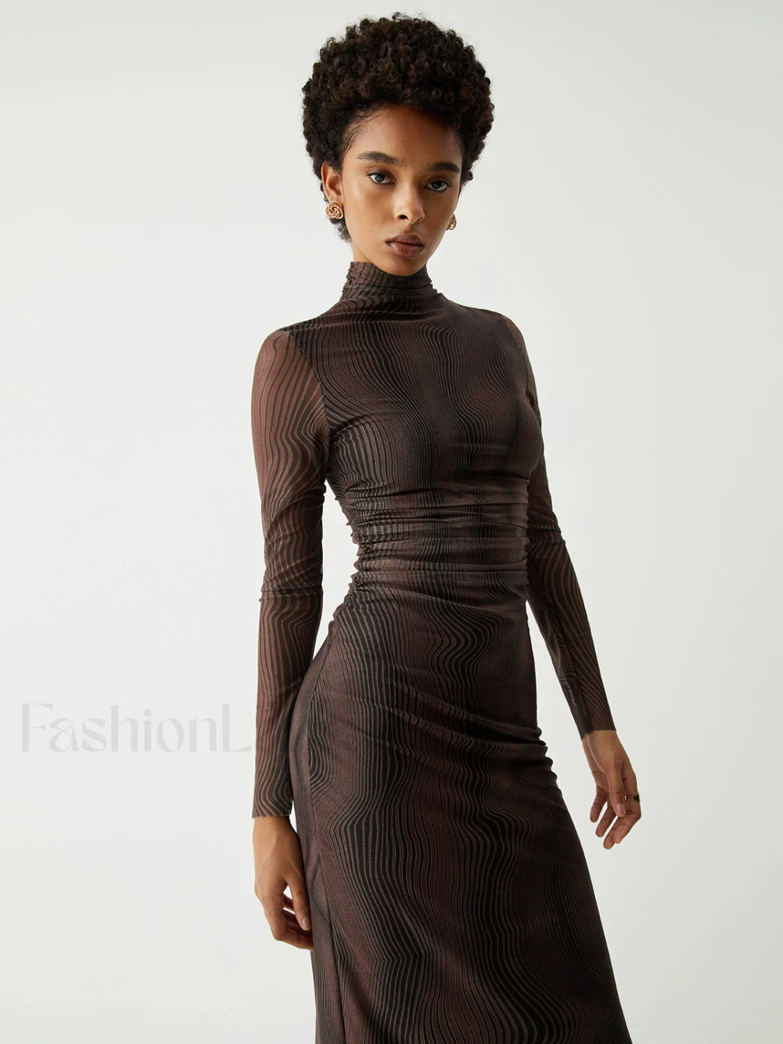 Illusion Tulle Print Mock Modern Neck Mesh Midi Dress - Image 4