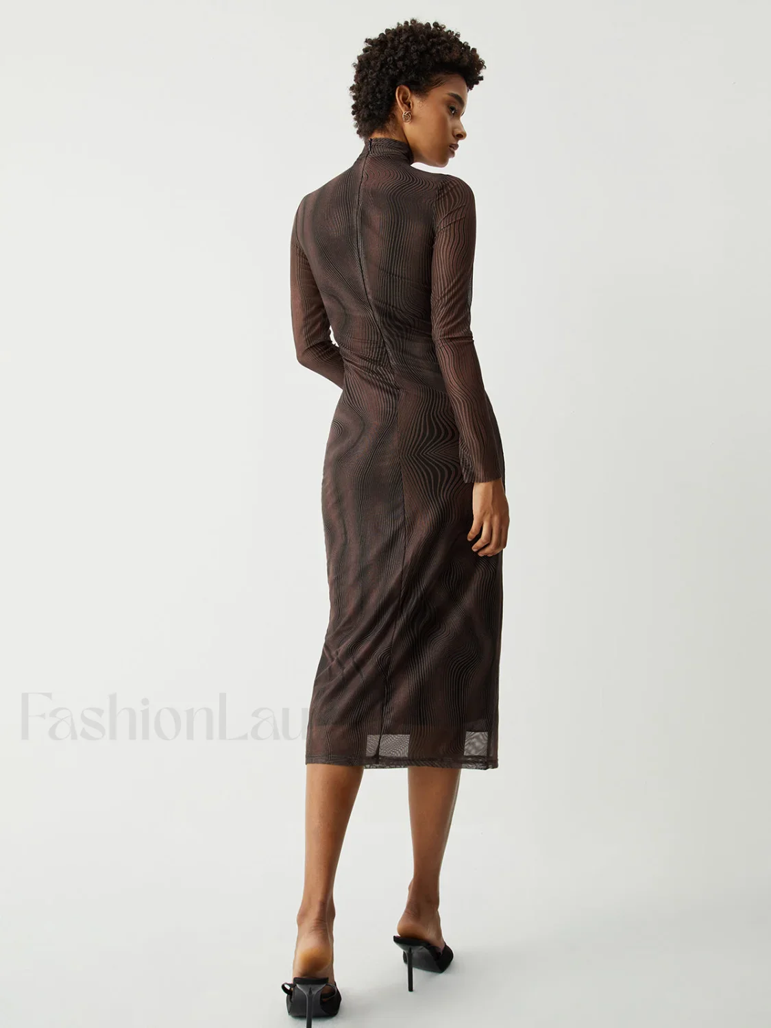 Illusion Tulle Print Mock Modern Neck Mesh Midi Dress - Image 6